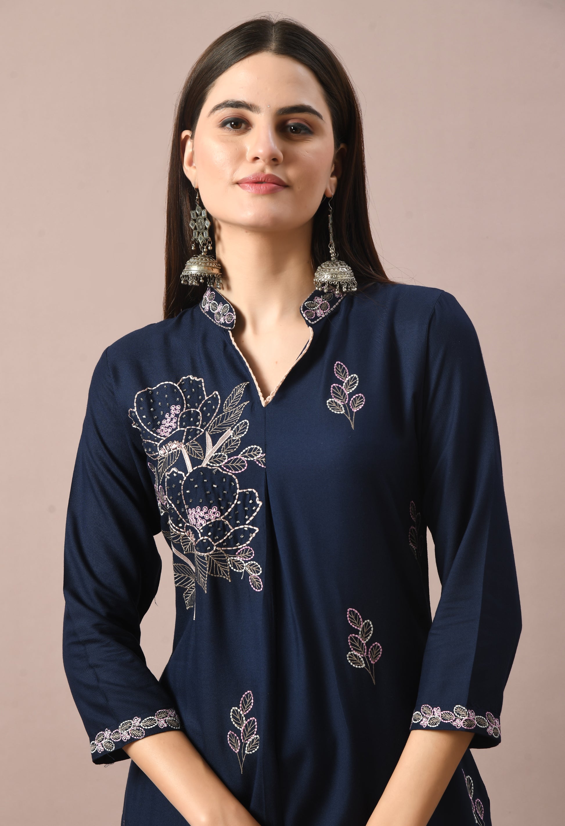 Navy Cotton Self Design Collar Kurta Set