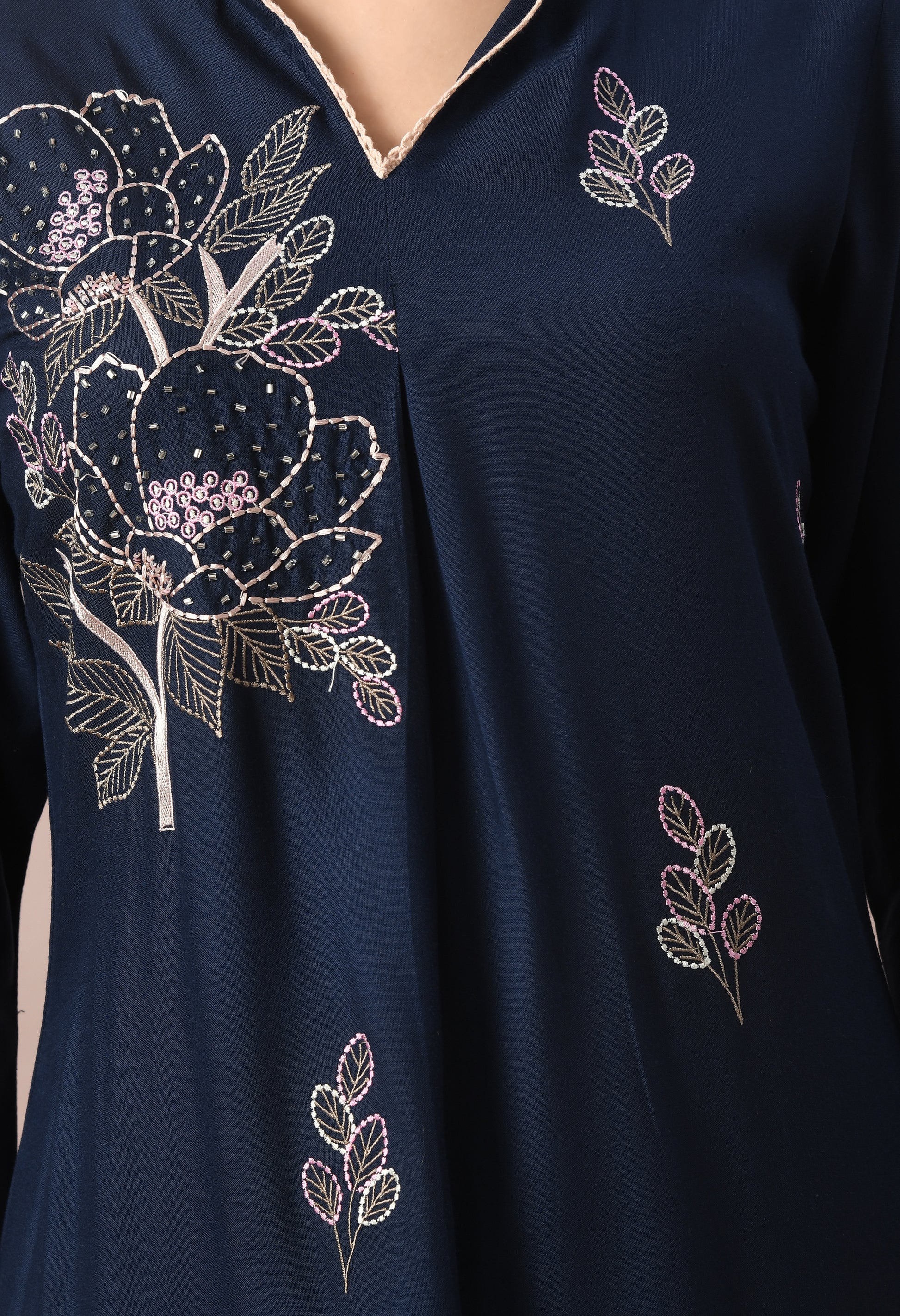 Navy Cotton Self Design Collar Kurta Set
