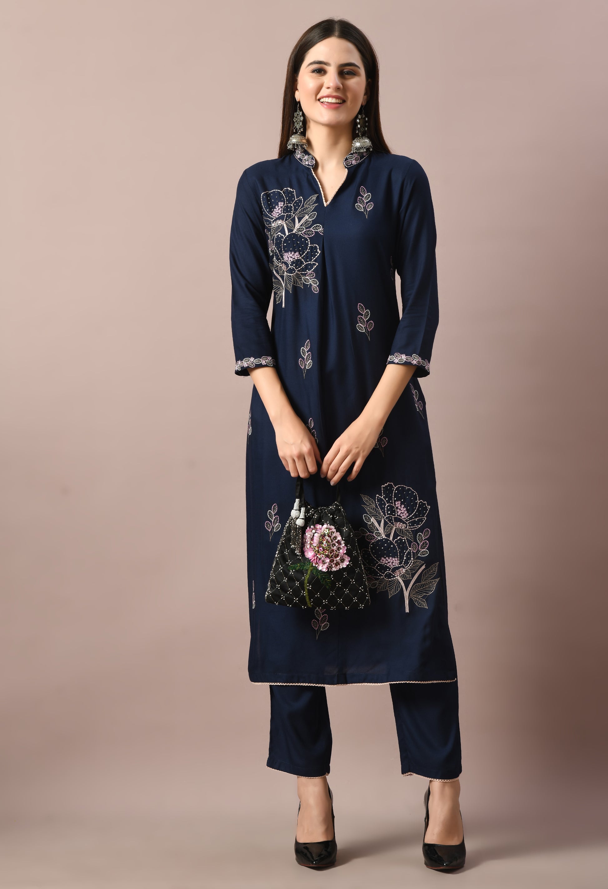 Navy Cotton Self Design Collar Kurta Set