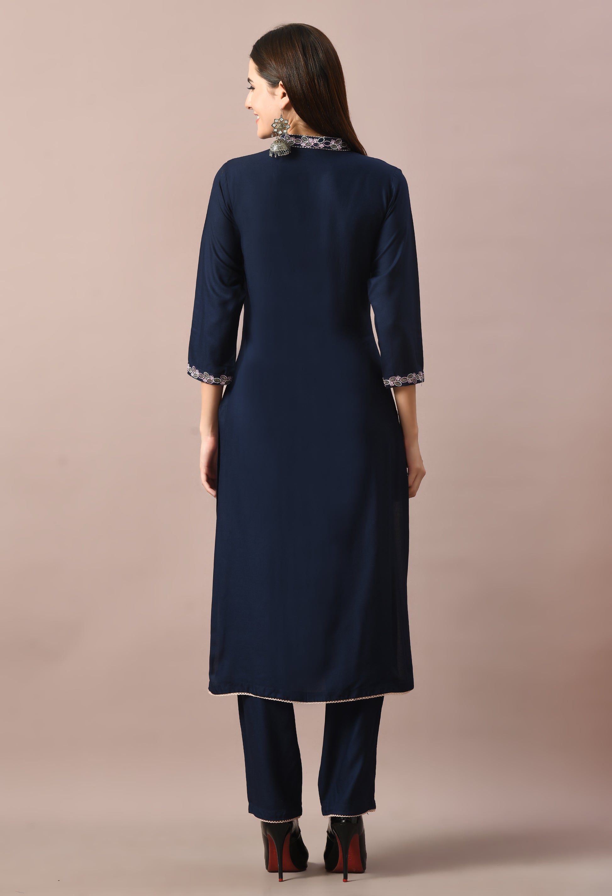 Navy Cotton Self Design Collar Kurta Set