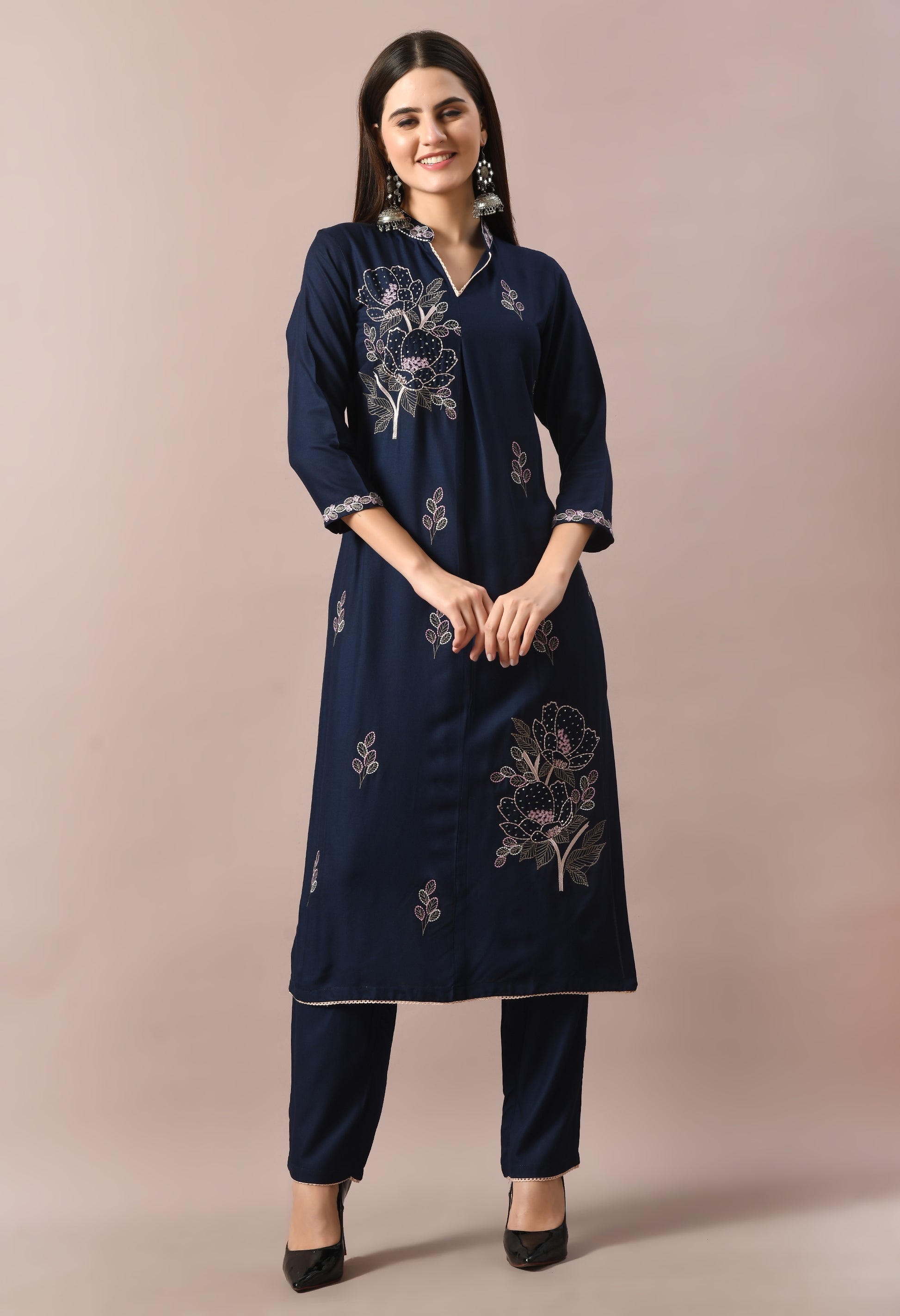Navy Cotton Self Design Collar Kurta Set