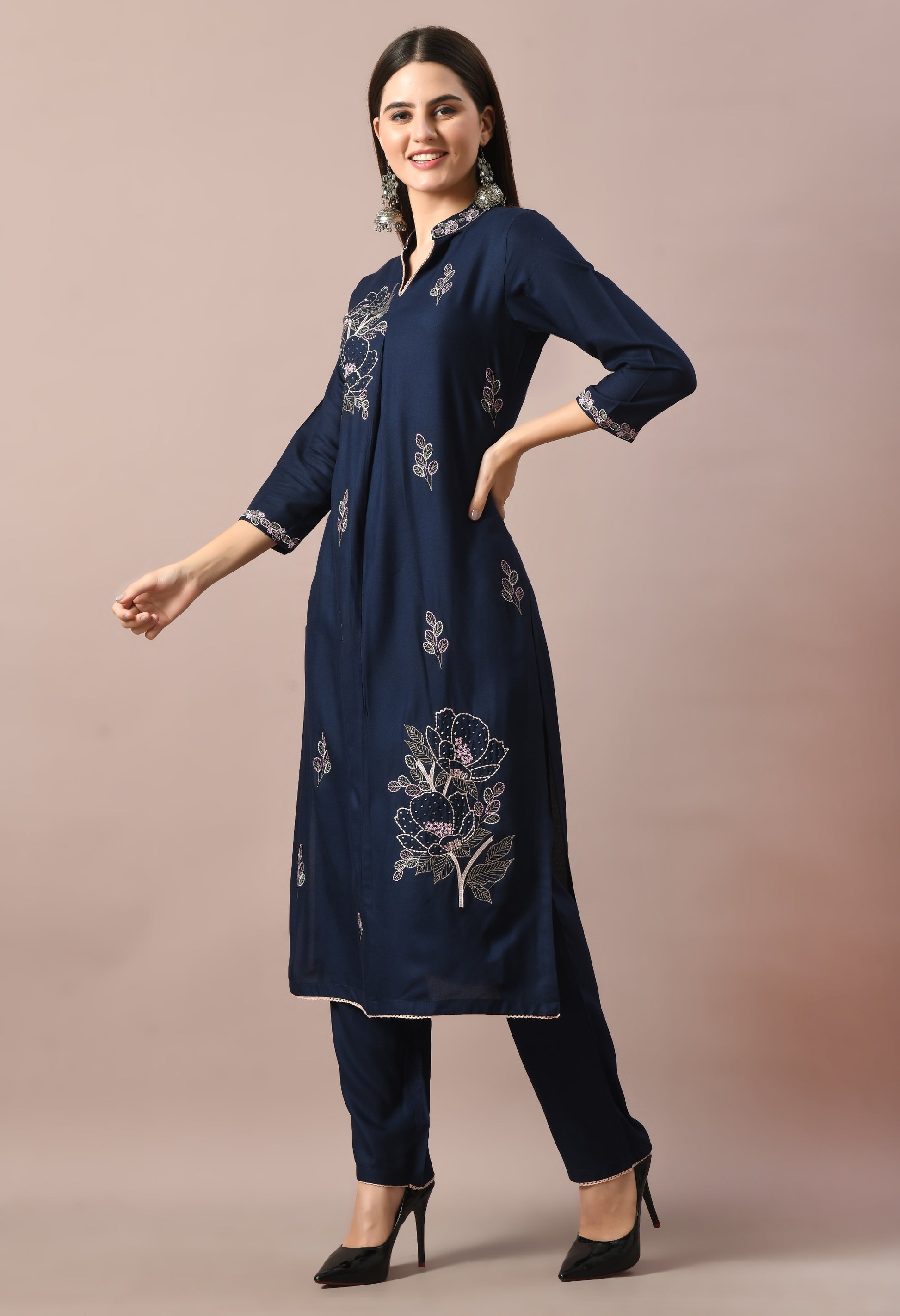 Navy Cotton Self Design Collar Kurta Set