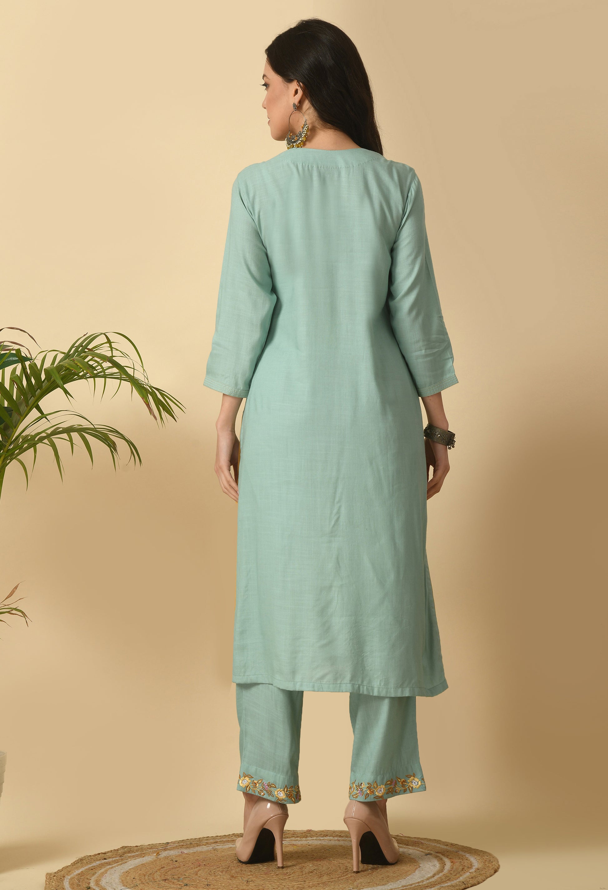 Sea Green Cotton Embroidery  Kurta Set