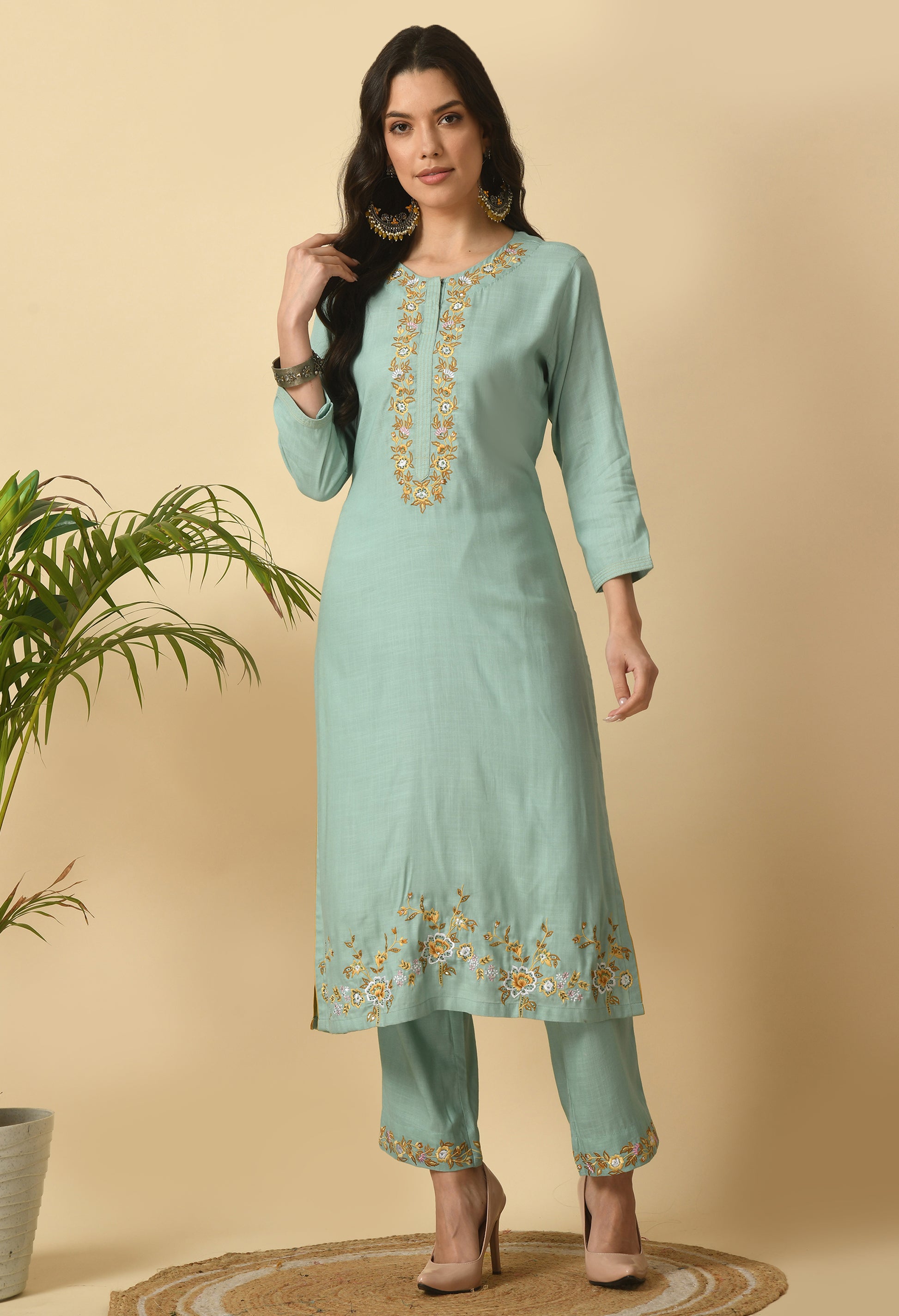 Sea Green Cotton Embroidery  Kurta Set