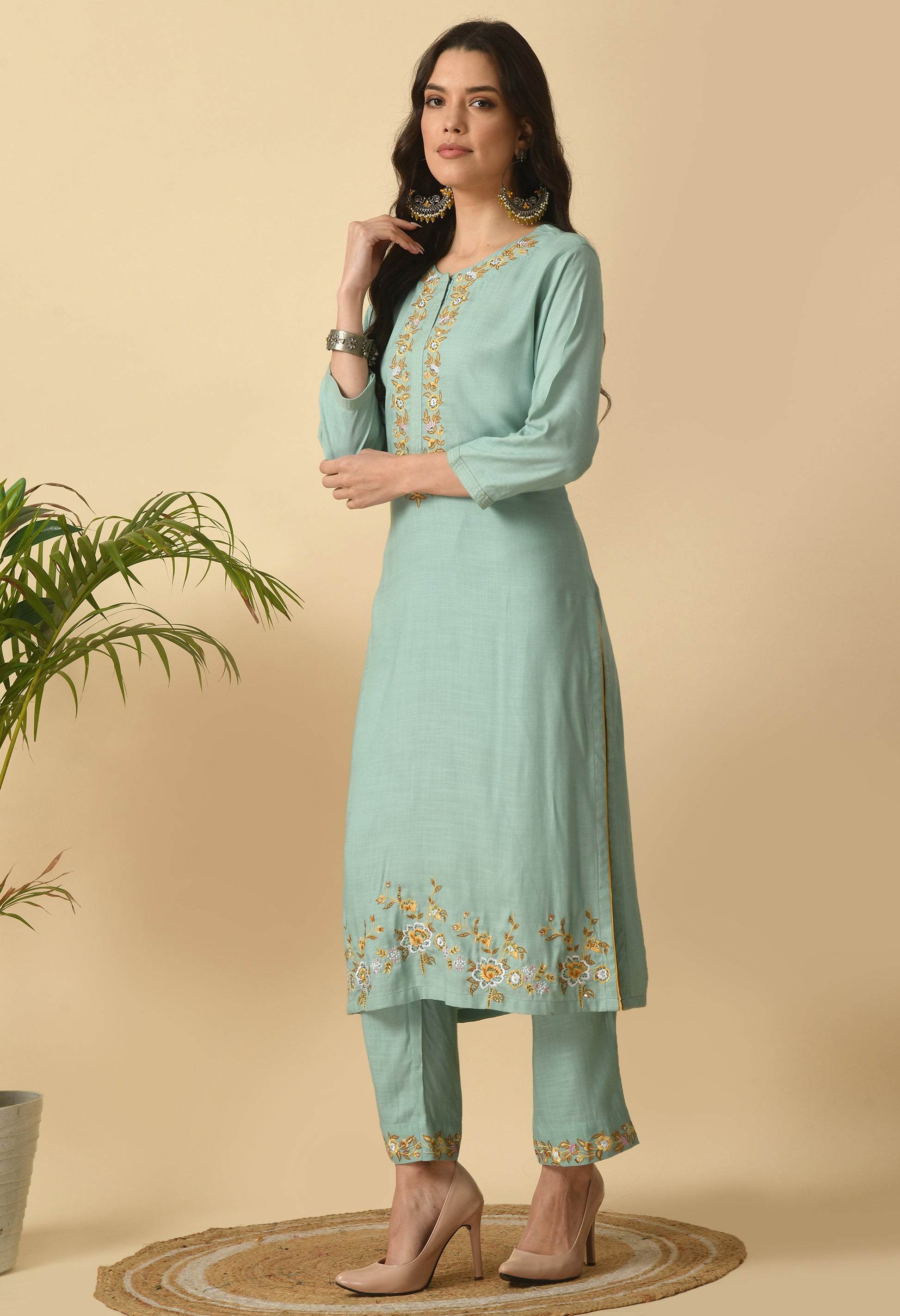 Sea Green Cotton Embroidery  Kurta Set