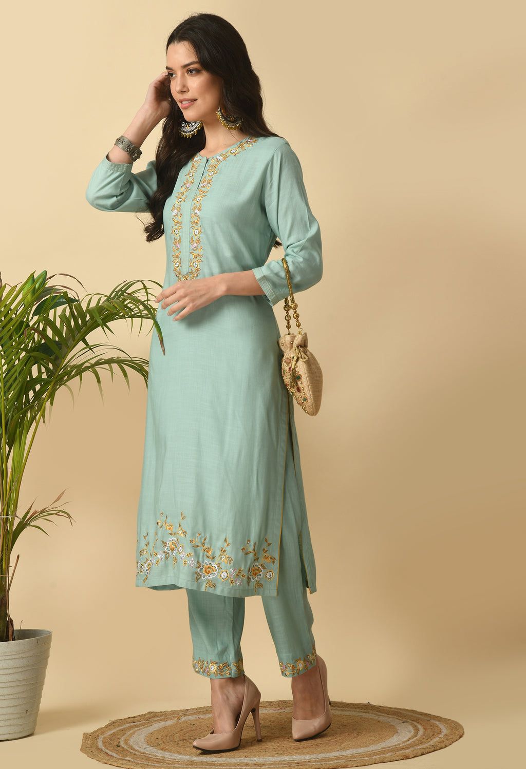 Sea Green Cotton Embroidery  Kurta Set