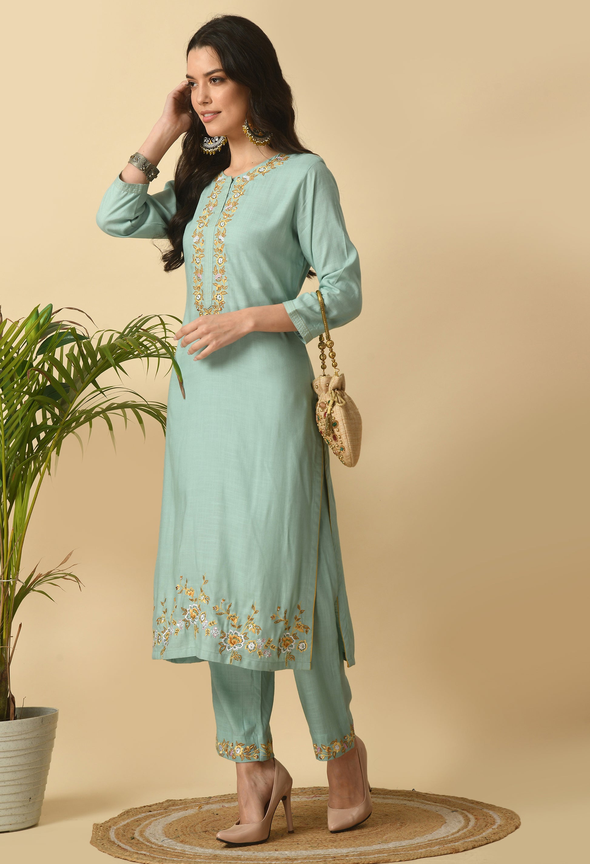 Sea Green Cotton Embroidery  Kurta Set