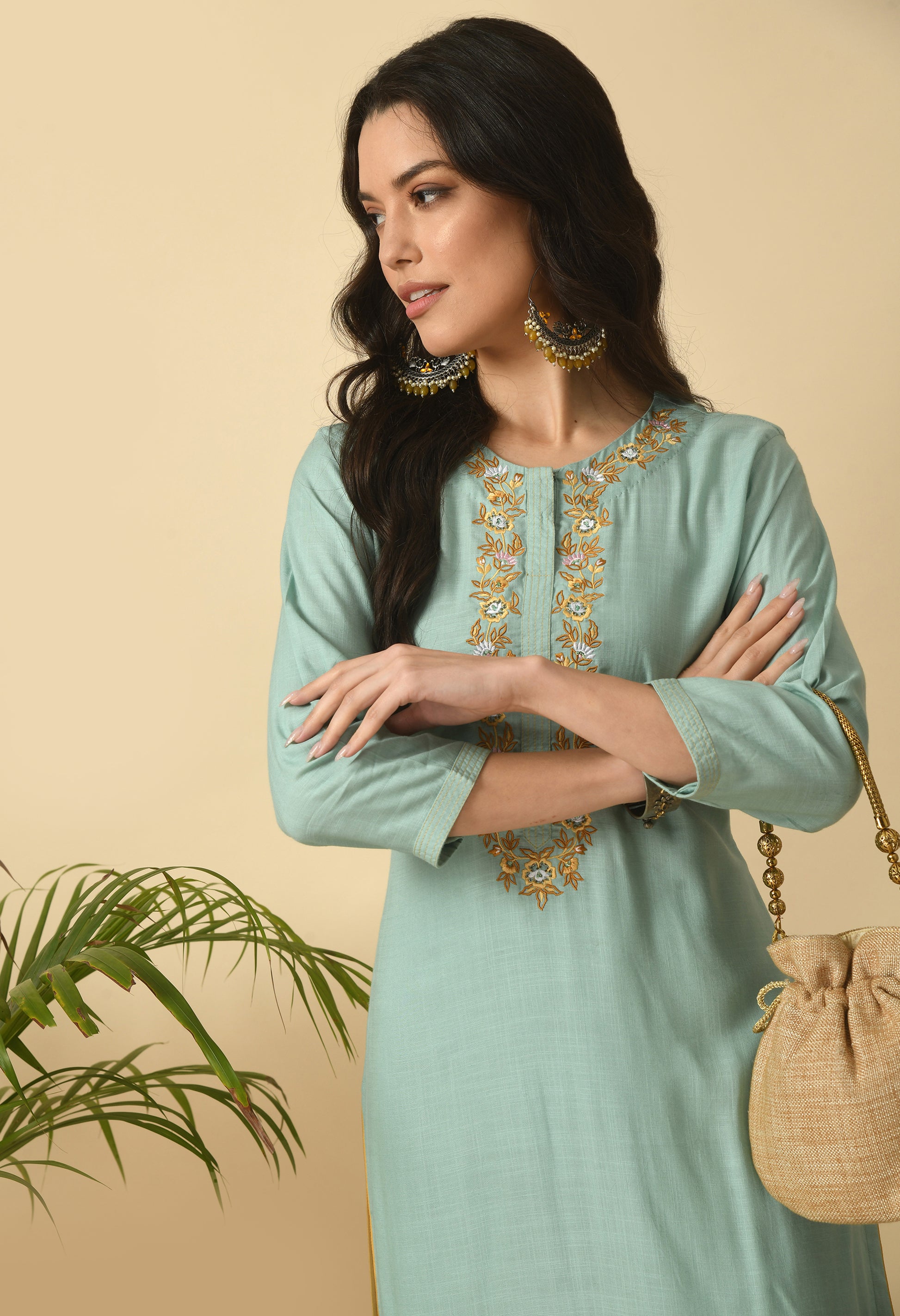Sea Green Cotton Embroidery  Kurta Set