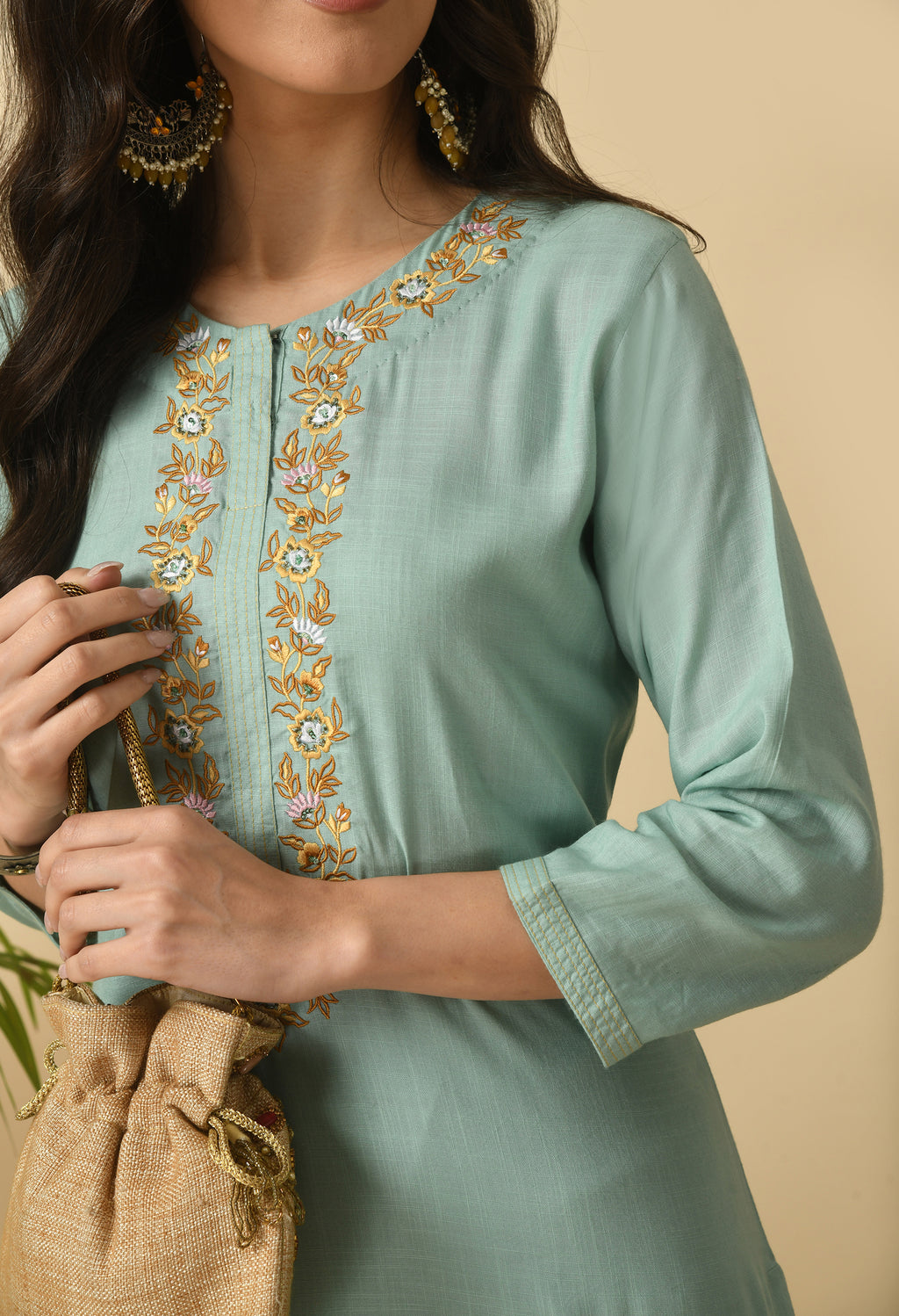 Sea Green Cotton Embroidery  Kurta Set