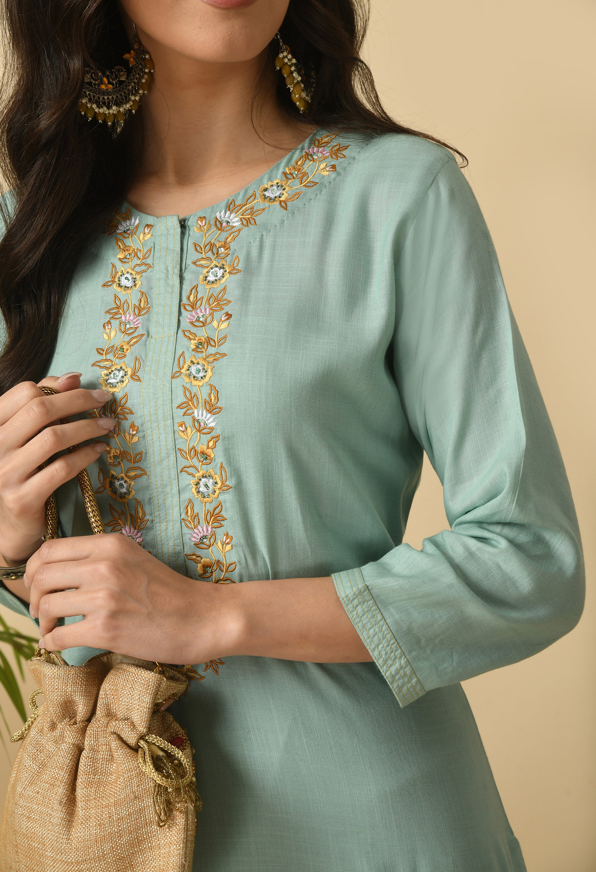 Sea Green Cotton Embroidery  Kurta Set