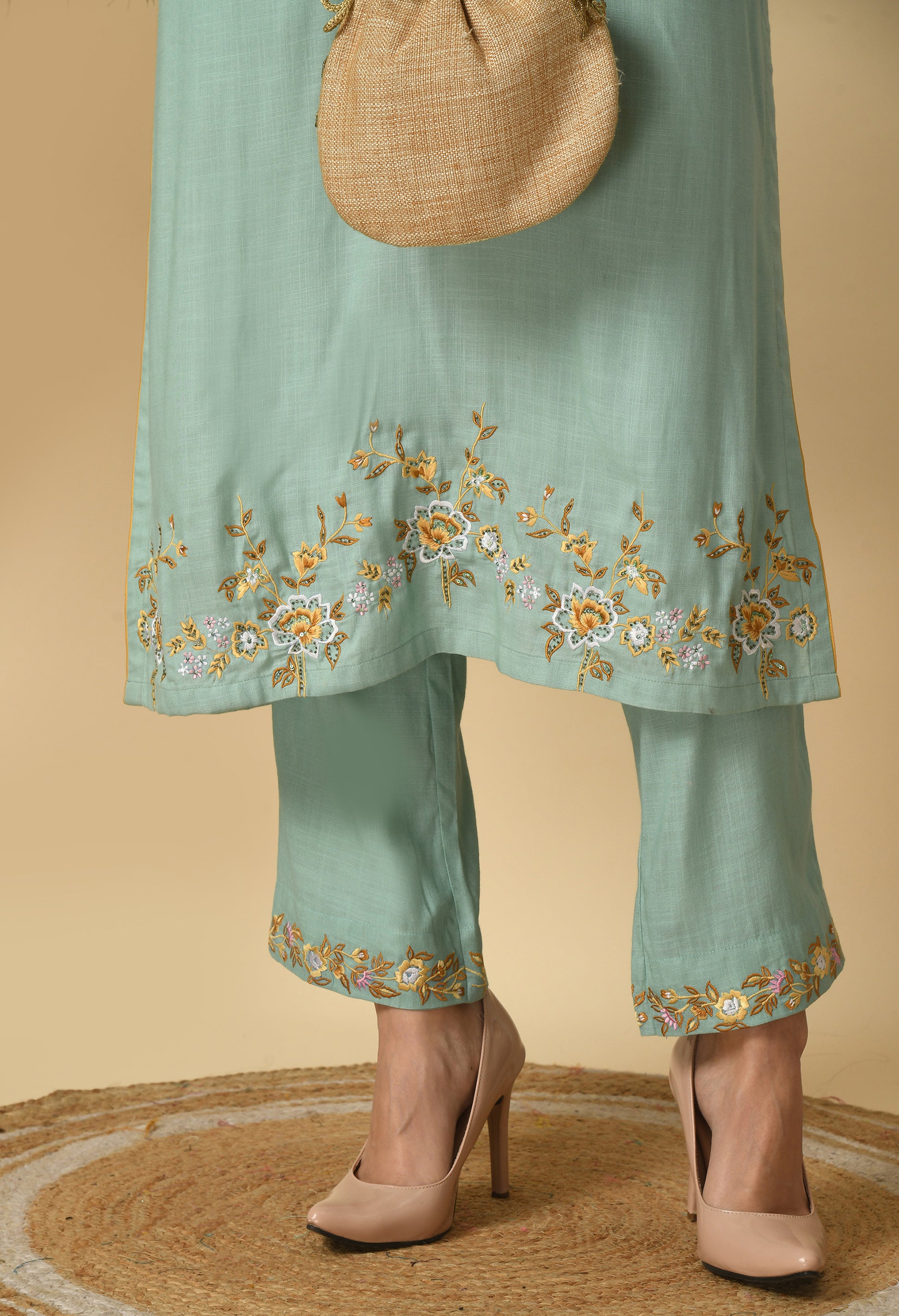 Sea Green Cotton Embroidery  Kurta Set