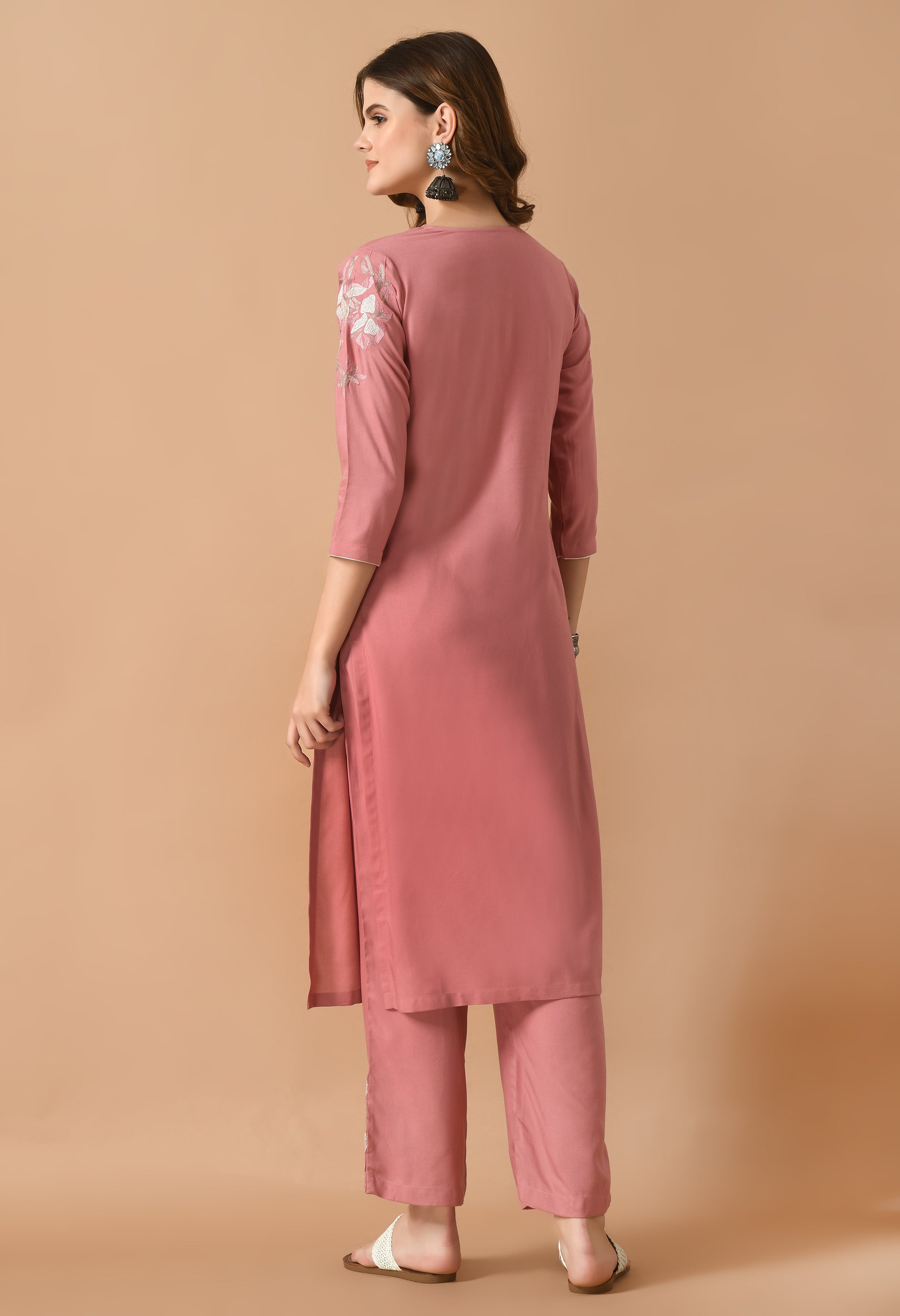 Rose Gold Cotton Embroidery Kurta Set