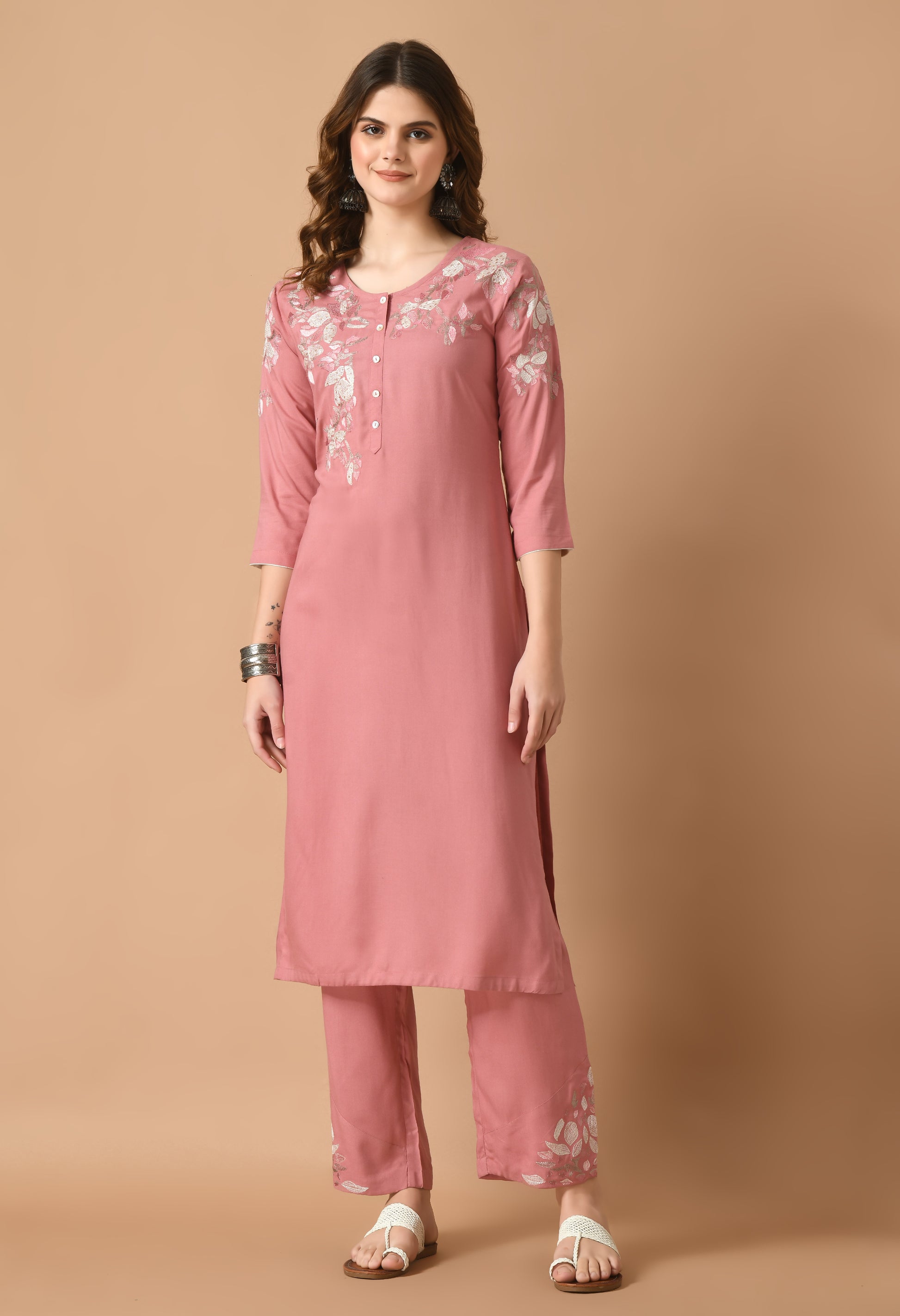 Rose Gold Cotton Embroidery Kurta Set