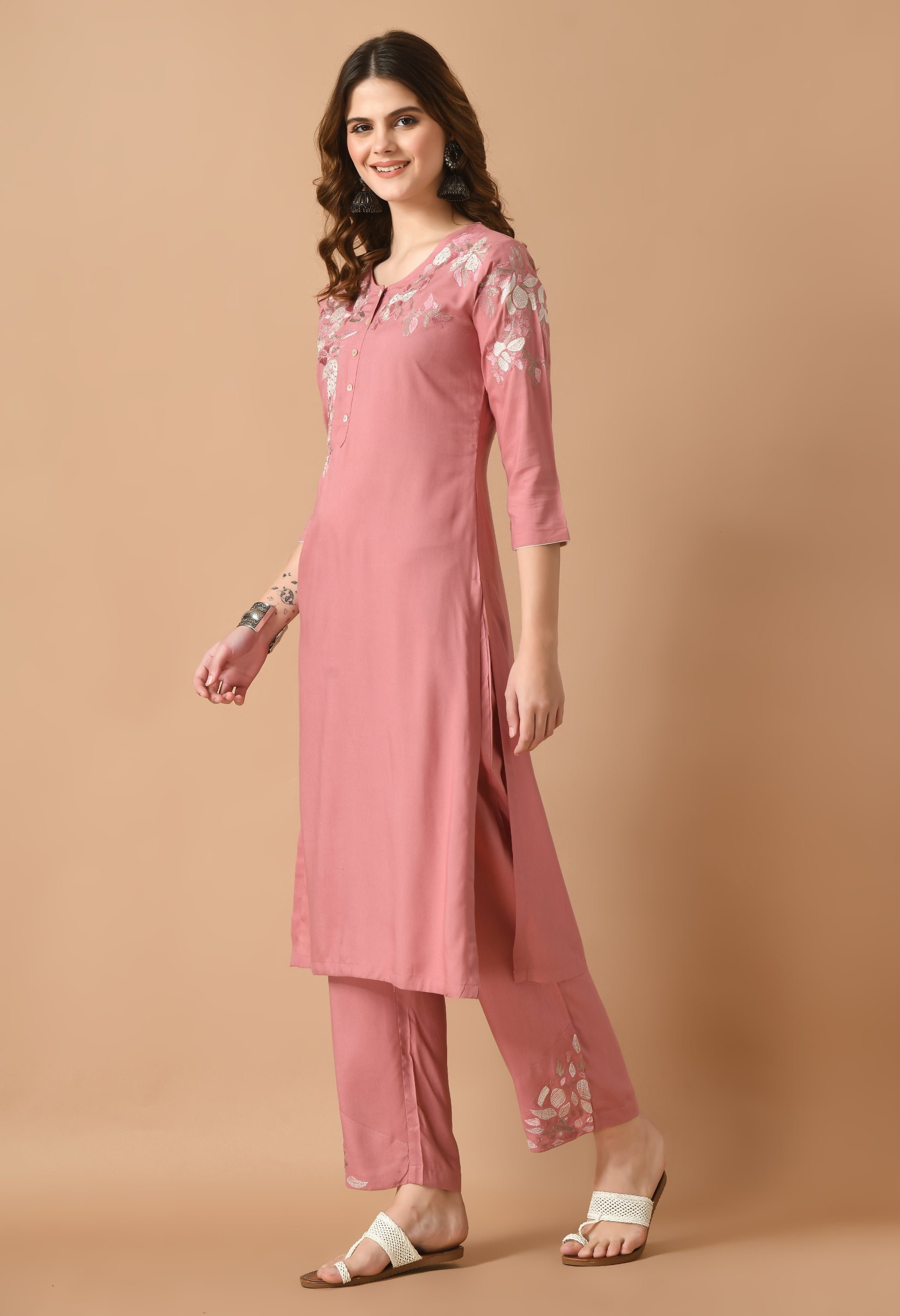 Rose Gold Cotton Embroidery Kurta Set