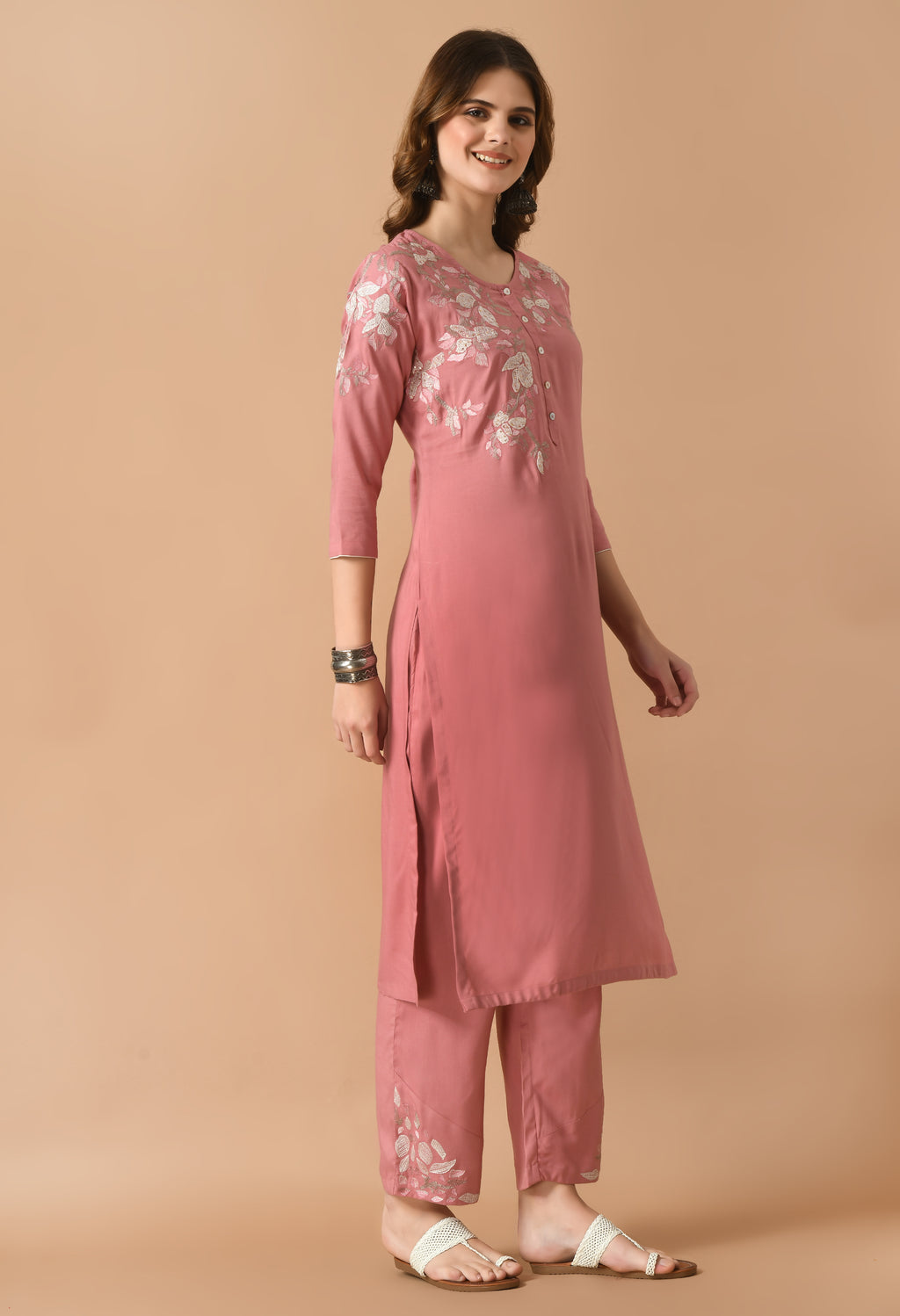 Rose Gold Cotton Embroidery Kurta Set