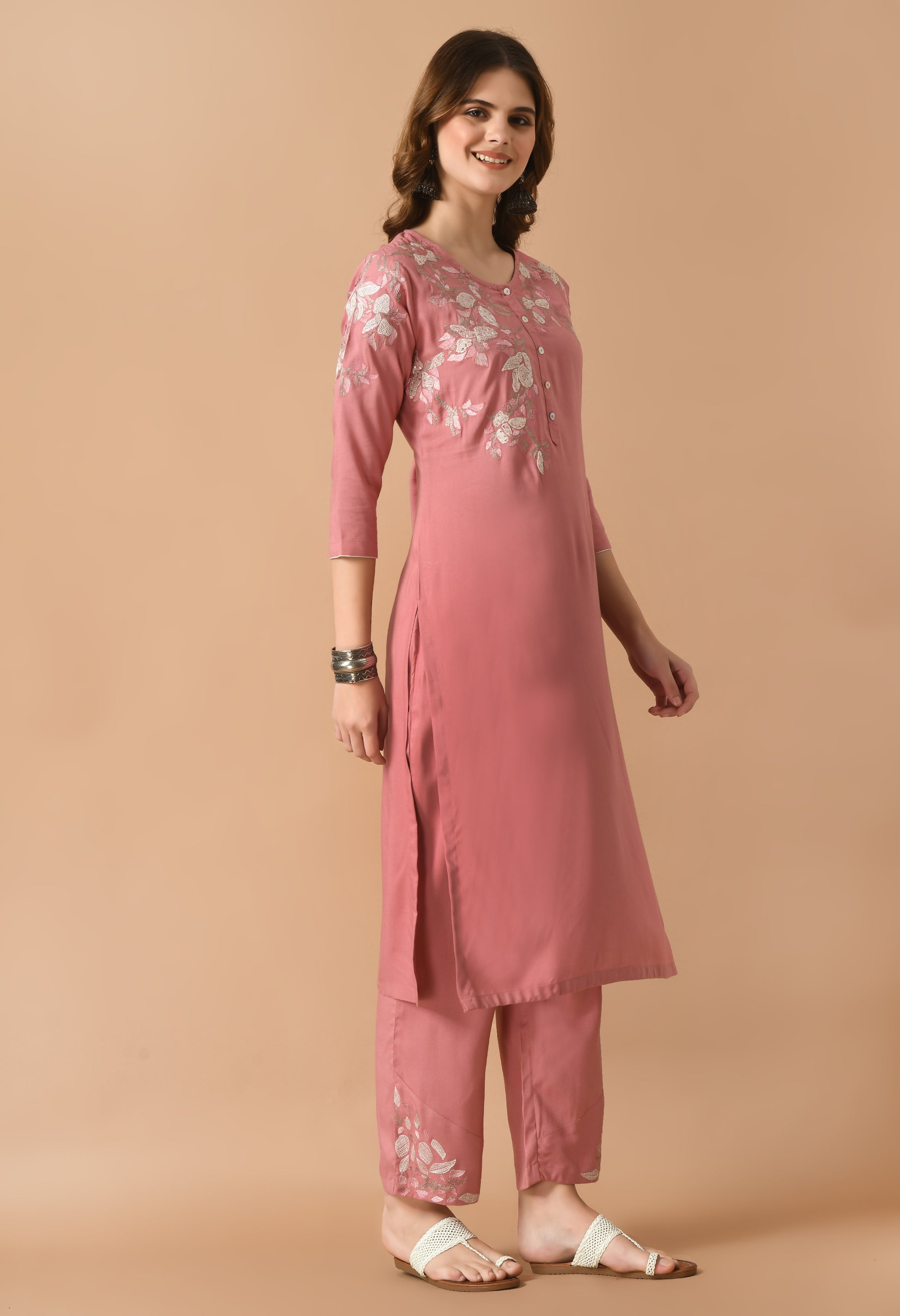 Rose Gold Cotton Embroidery Kurta Set