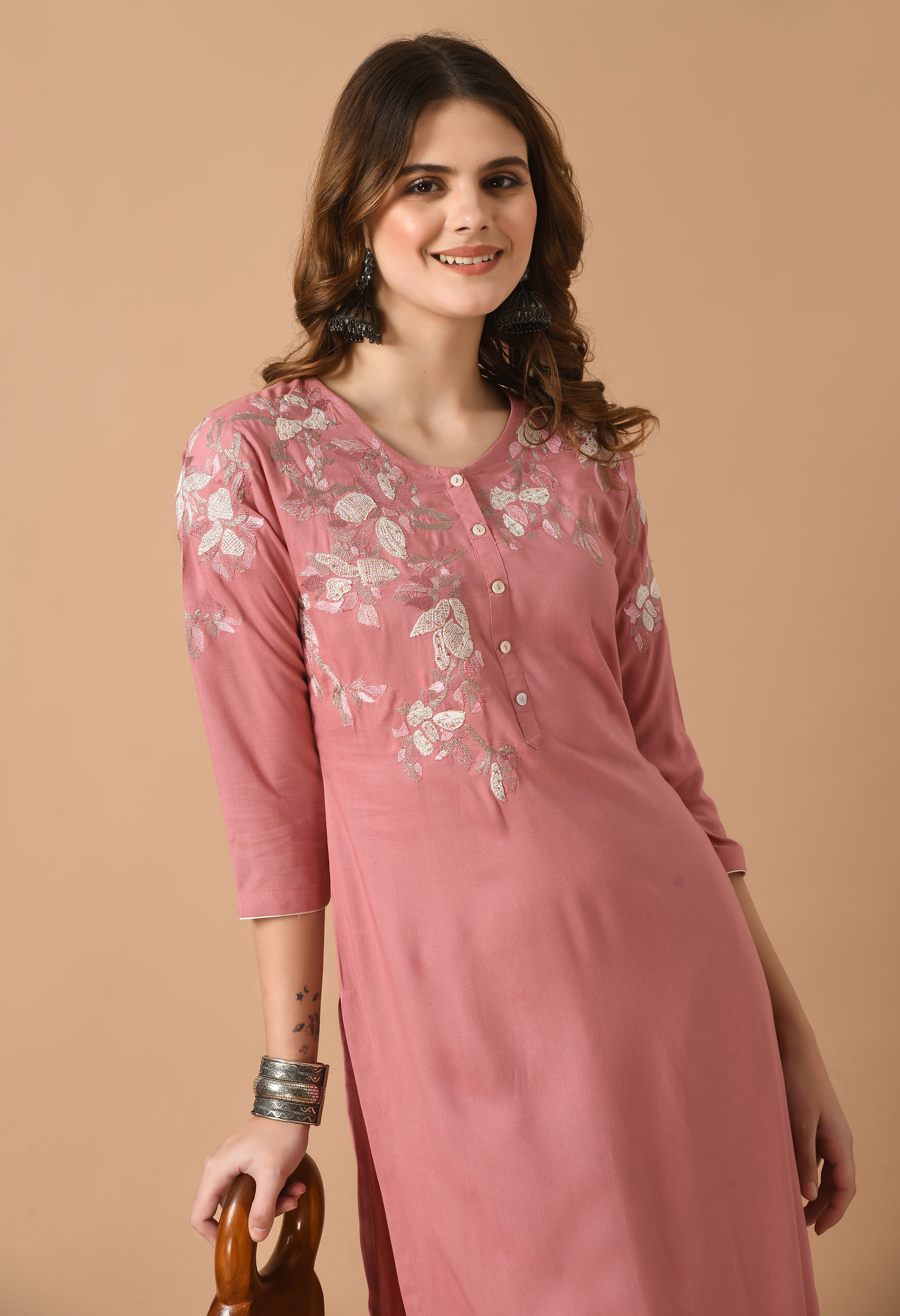 Rose Gold Cotton Embroidery Kurta Set