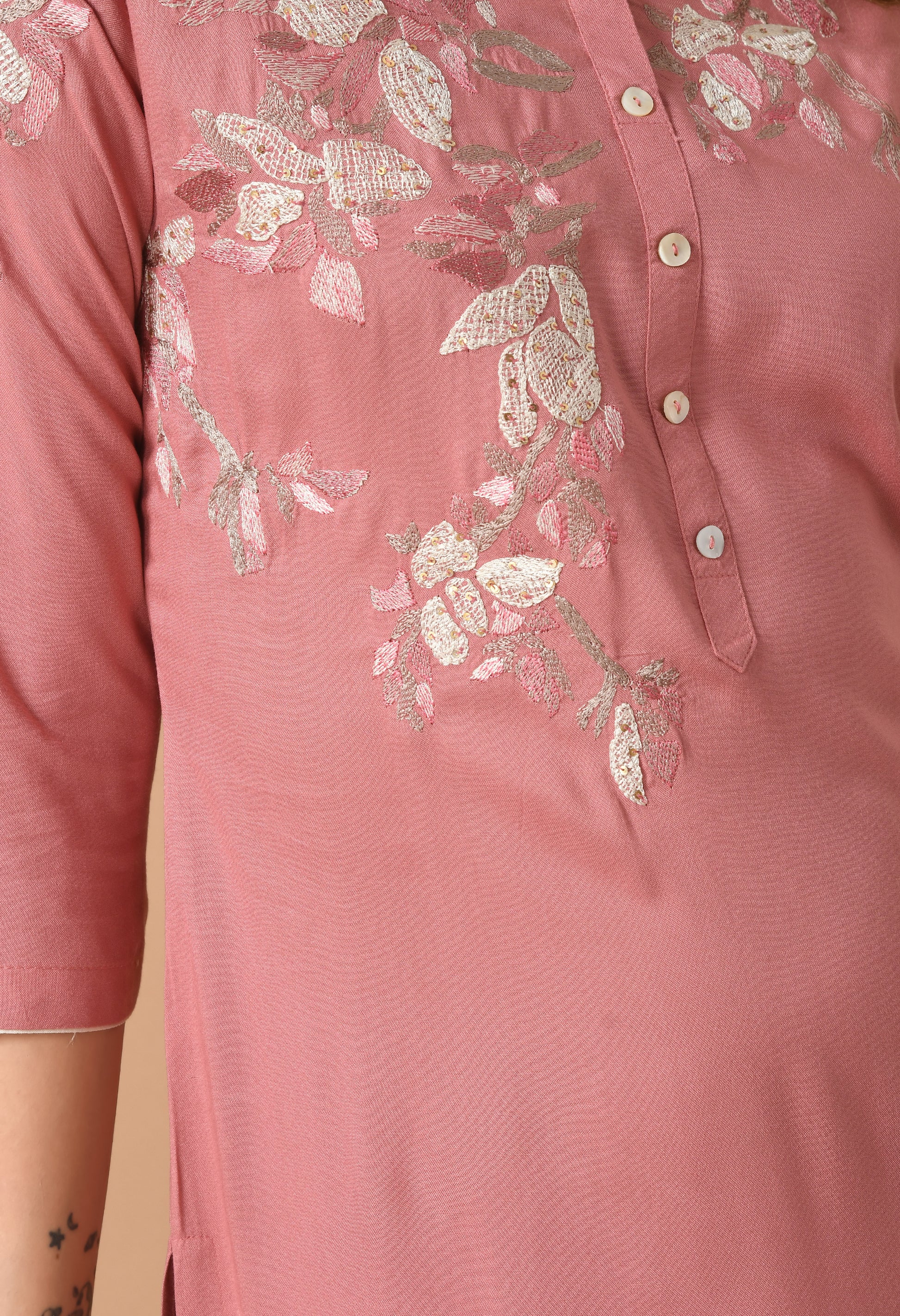 Rose Gold Cotton Embroidery Kurta Set
