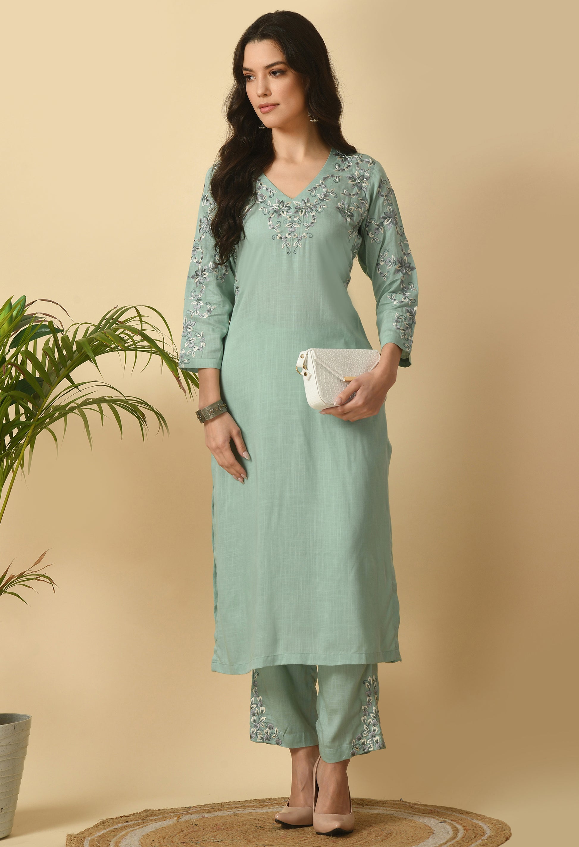 Sea Green Cotton Self Design Kurta Set