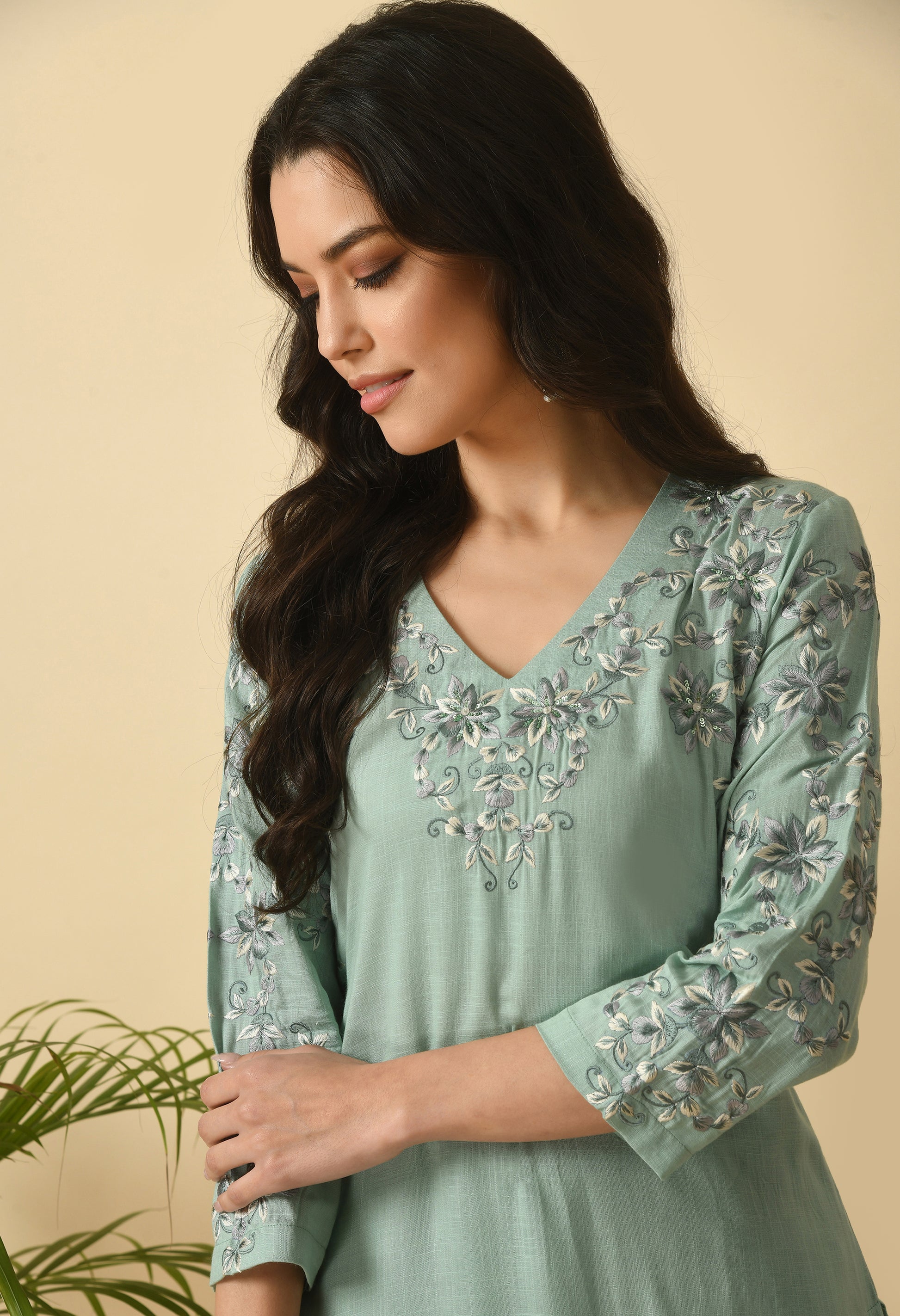 Sea Green Cotton Self Design Kurta Set