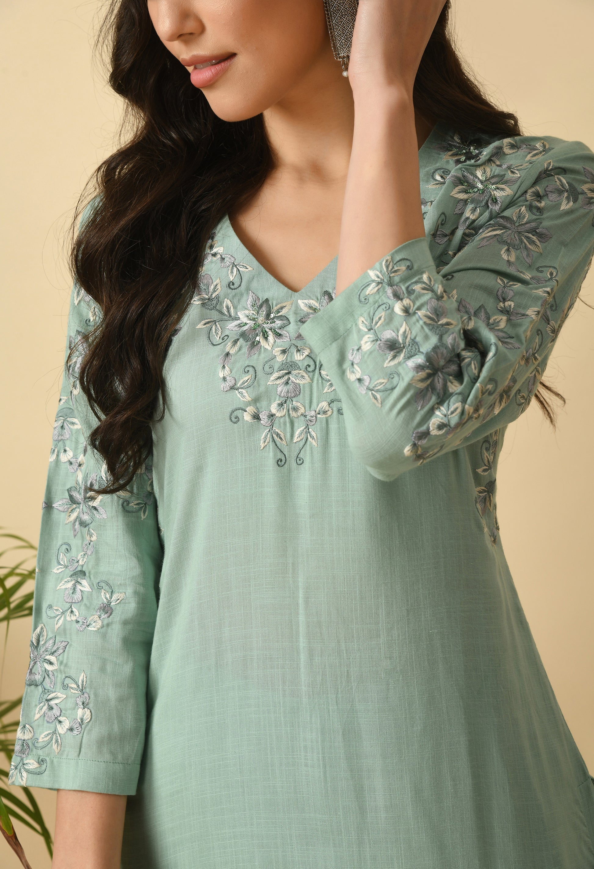 Sea Green Cotton Self Design Kurta Set