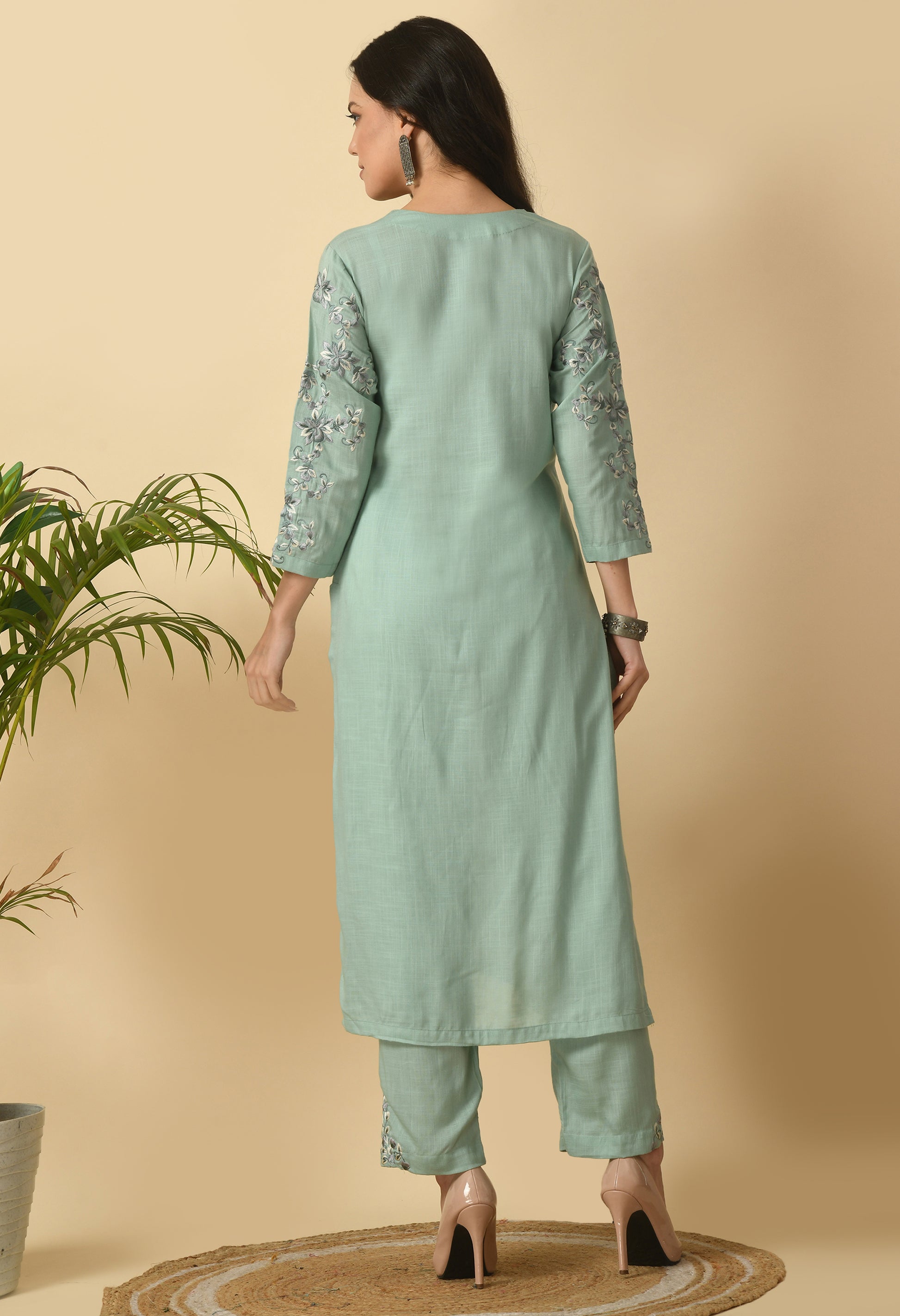Sea Green Cotton Self Design Kurta Set