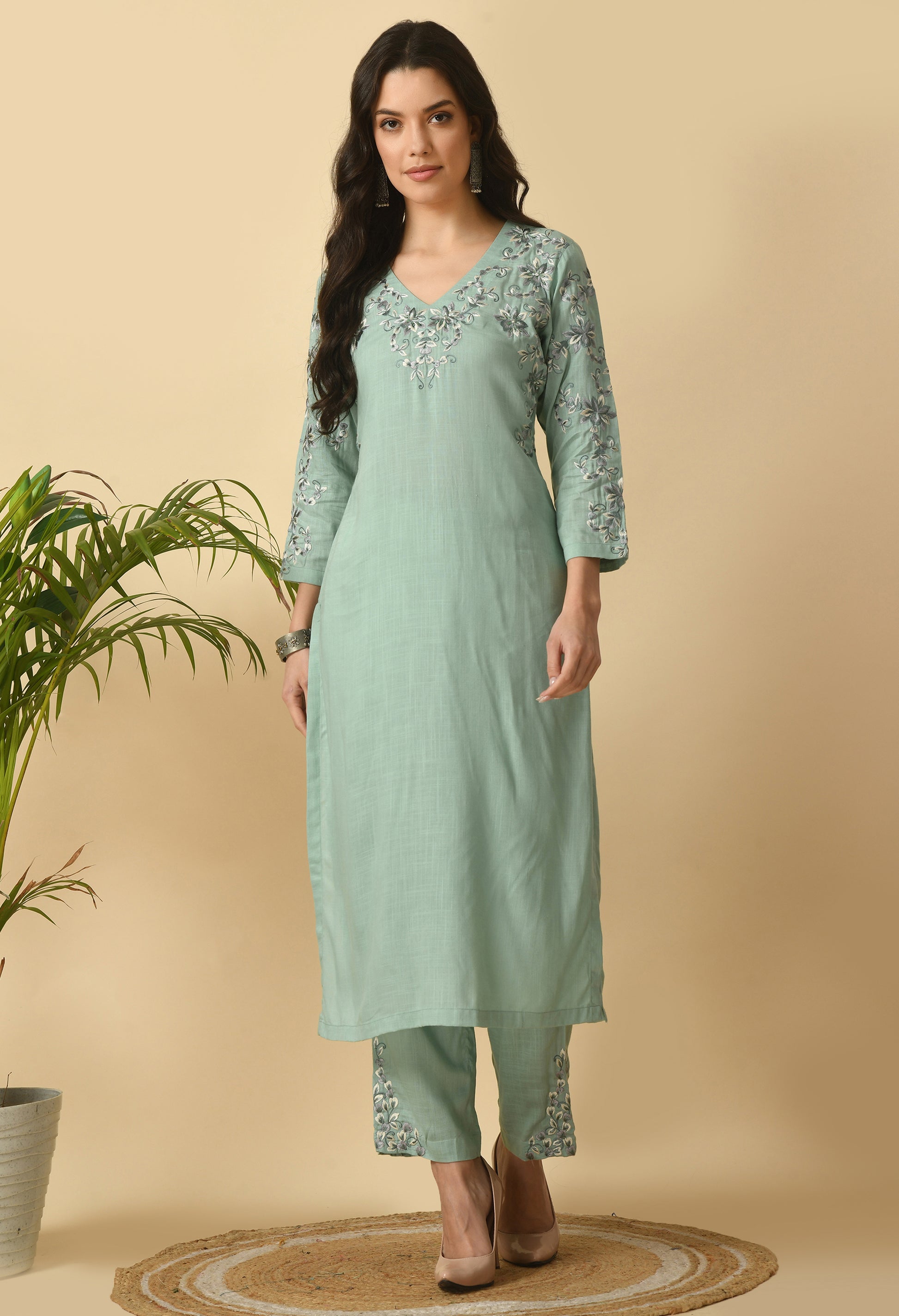 Sea Green Cotton Self Design Kurta Set