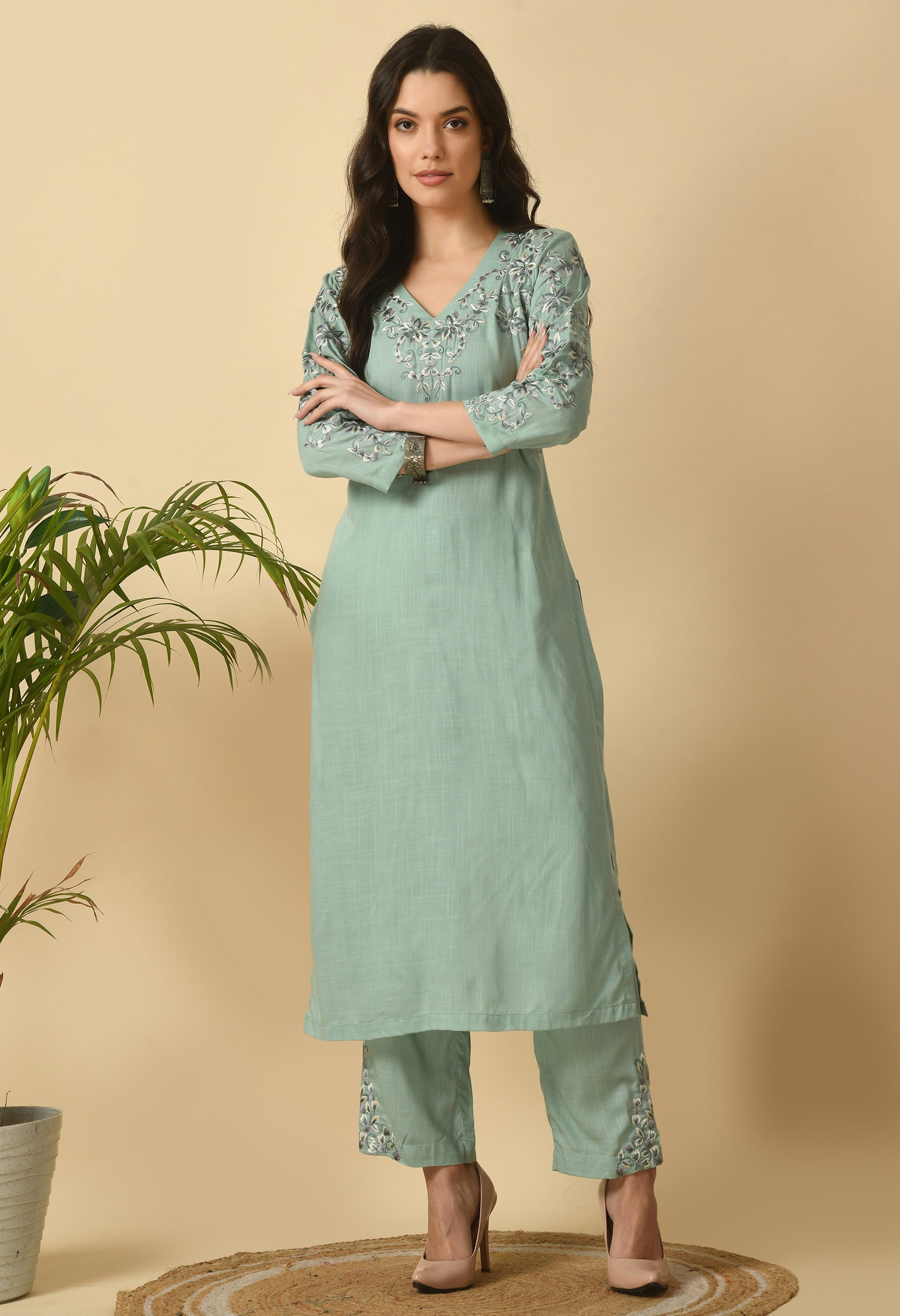 Sea Green Cotton Self Design Kurta Set