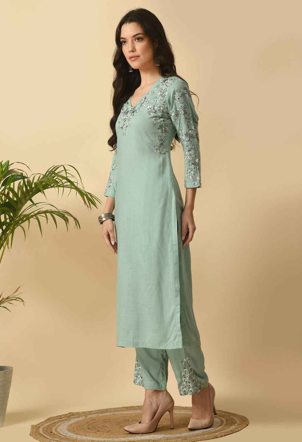 Sea Green Cotton Self Design Kurta Set