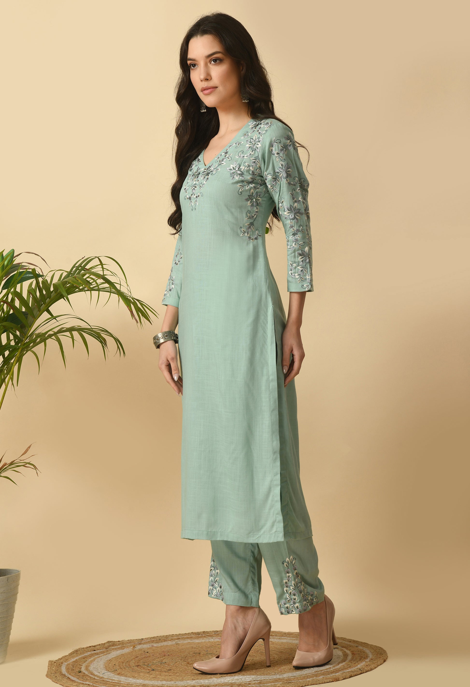 Sea Green Cotton Self Design Kurta Set
