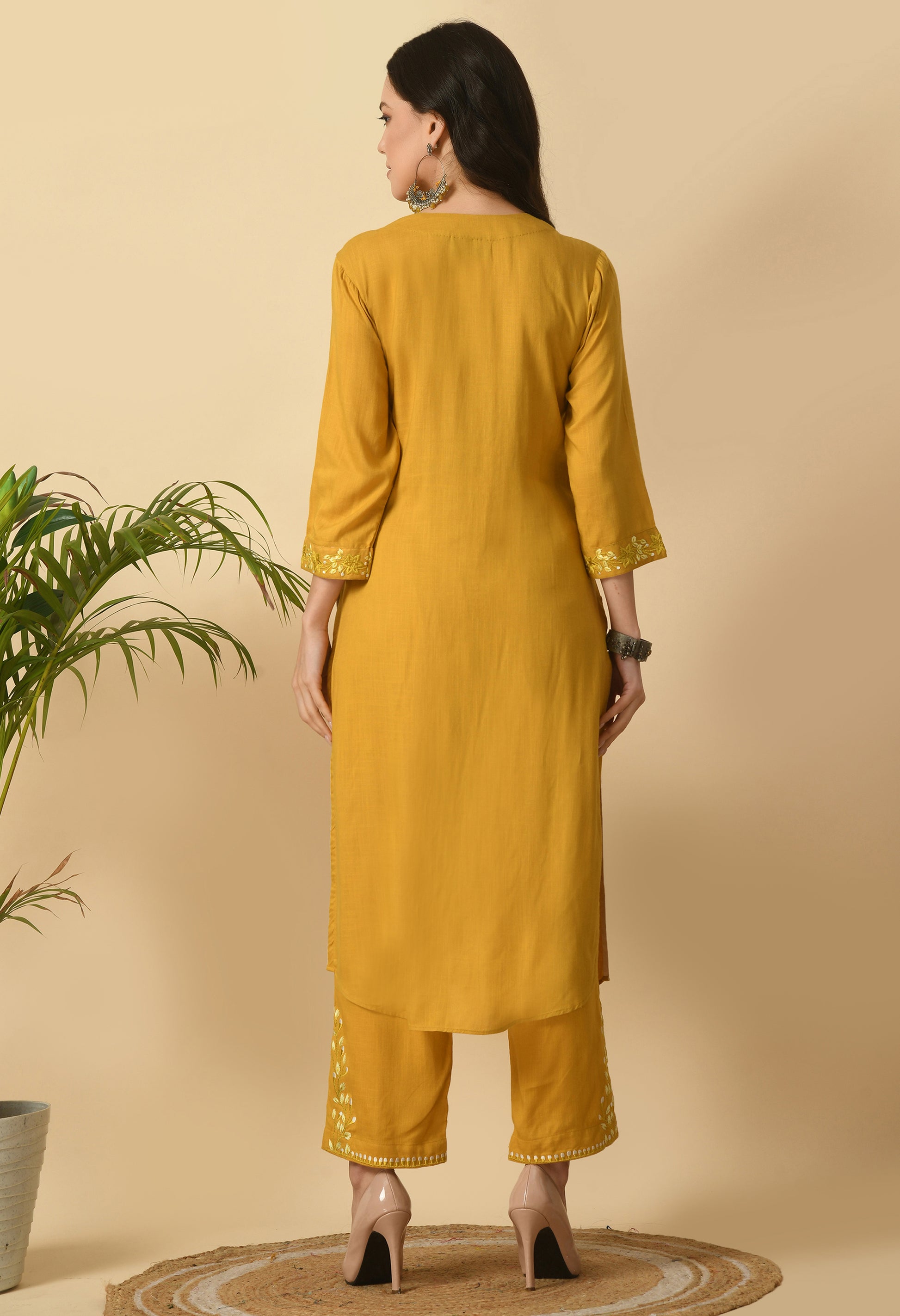 Mustard Cotton Embroidery Kurta Set