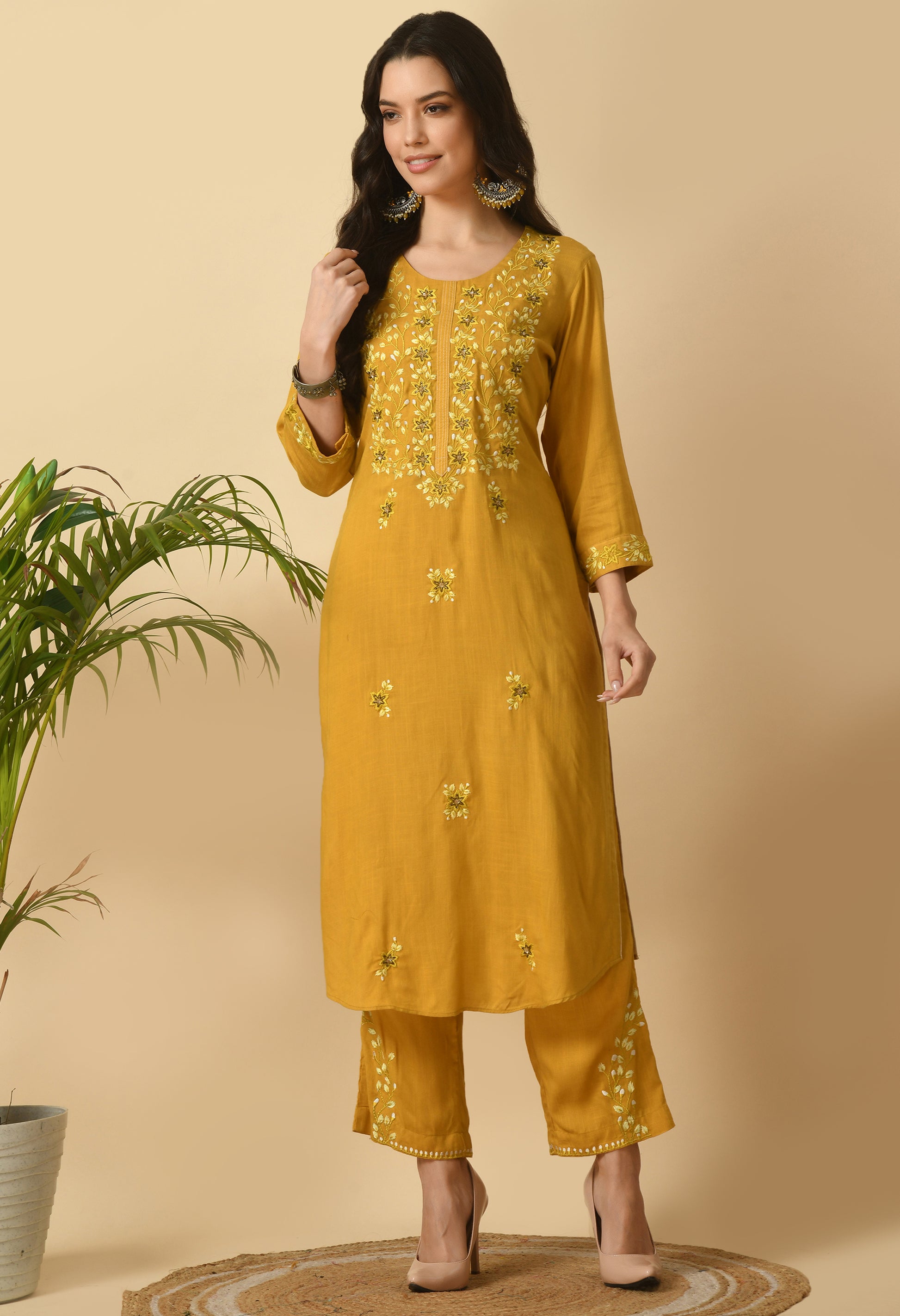 Mustard Cotton Embroidery Kurta Set