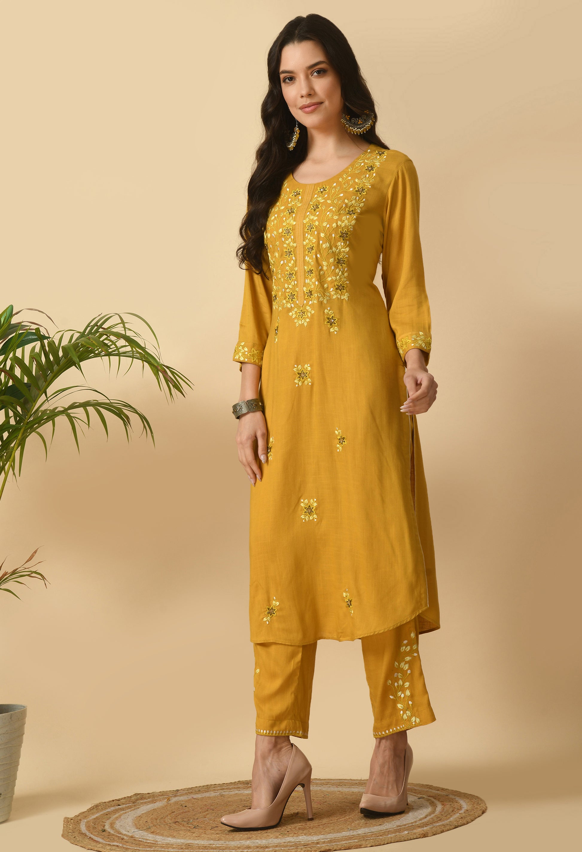 Mustard Cotton Embroidery Kurta Set