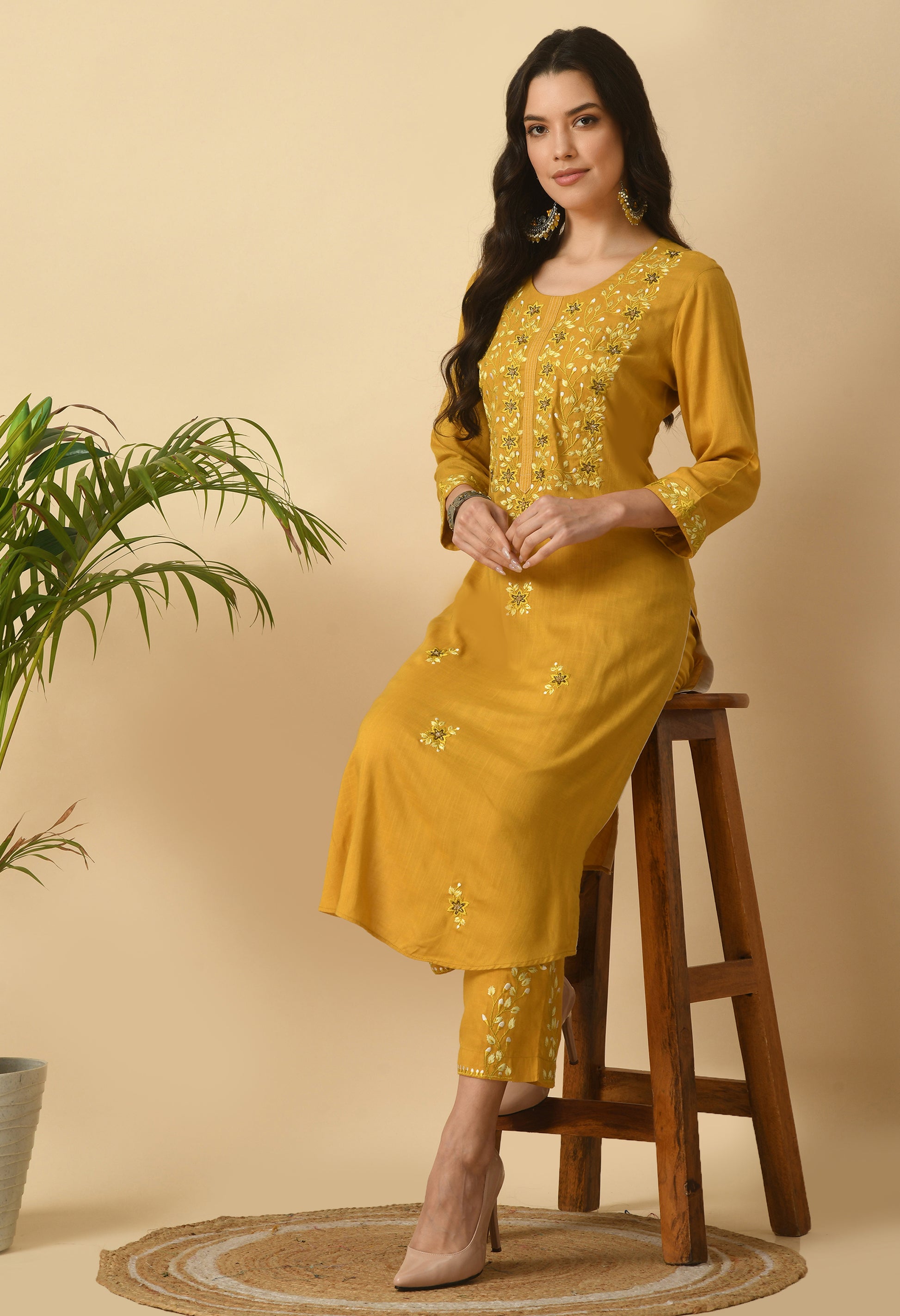 Mustard Cotton Embroidery Kurta Set