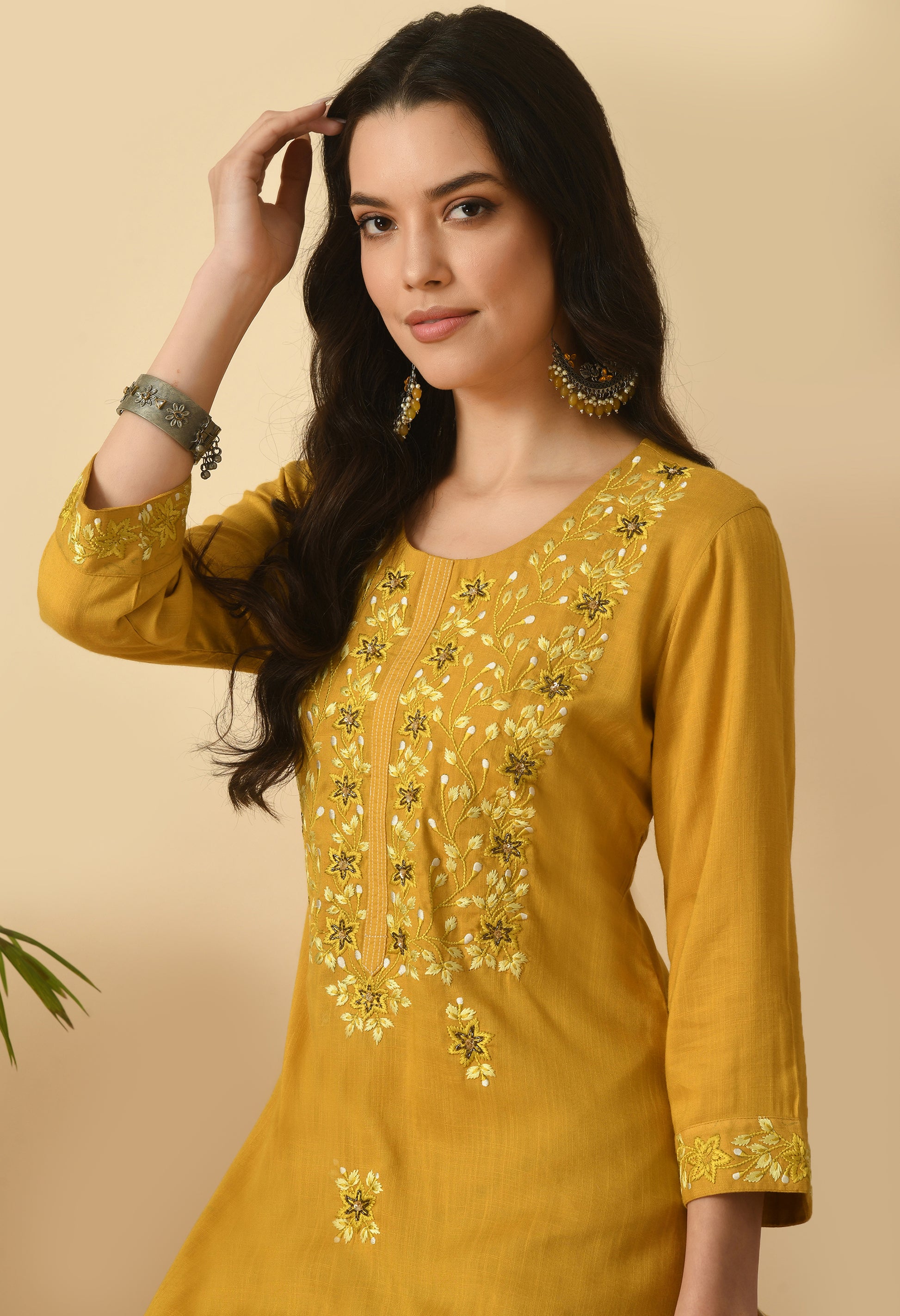 Mustard Cotton Embroidery Kurta Set