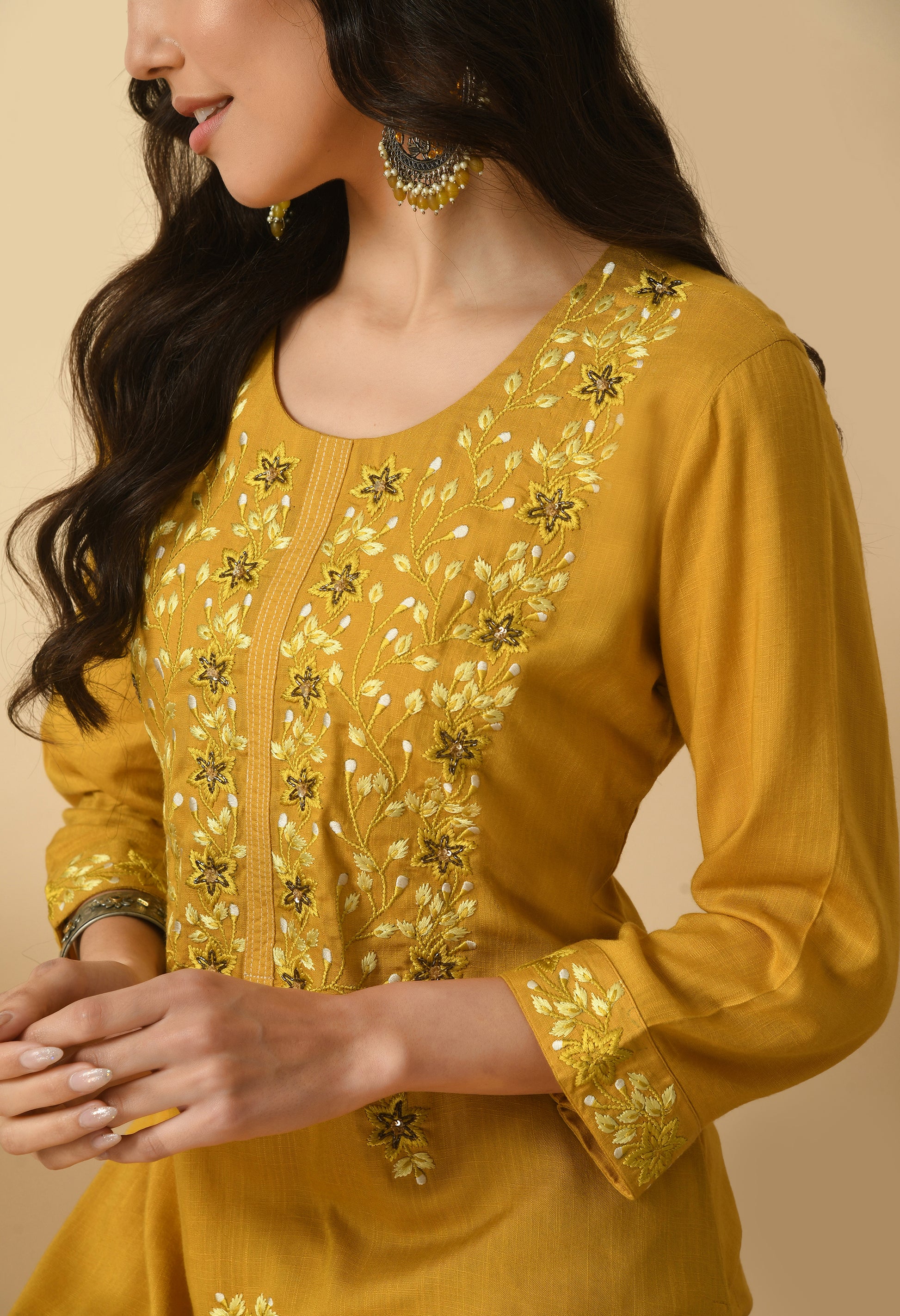 Mustard Cotton Embroidery Kurta Set