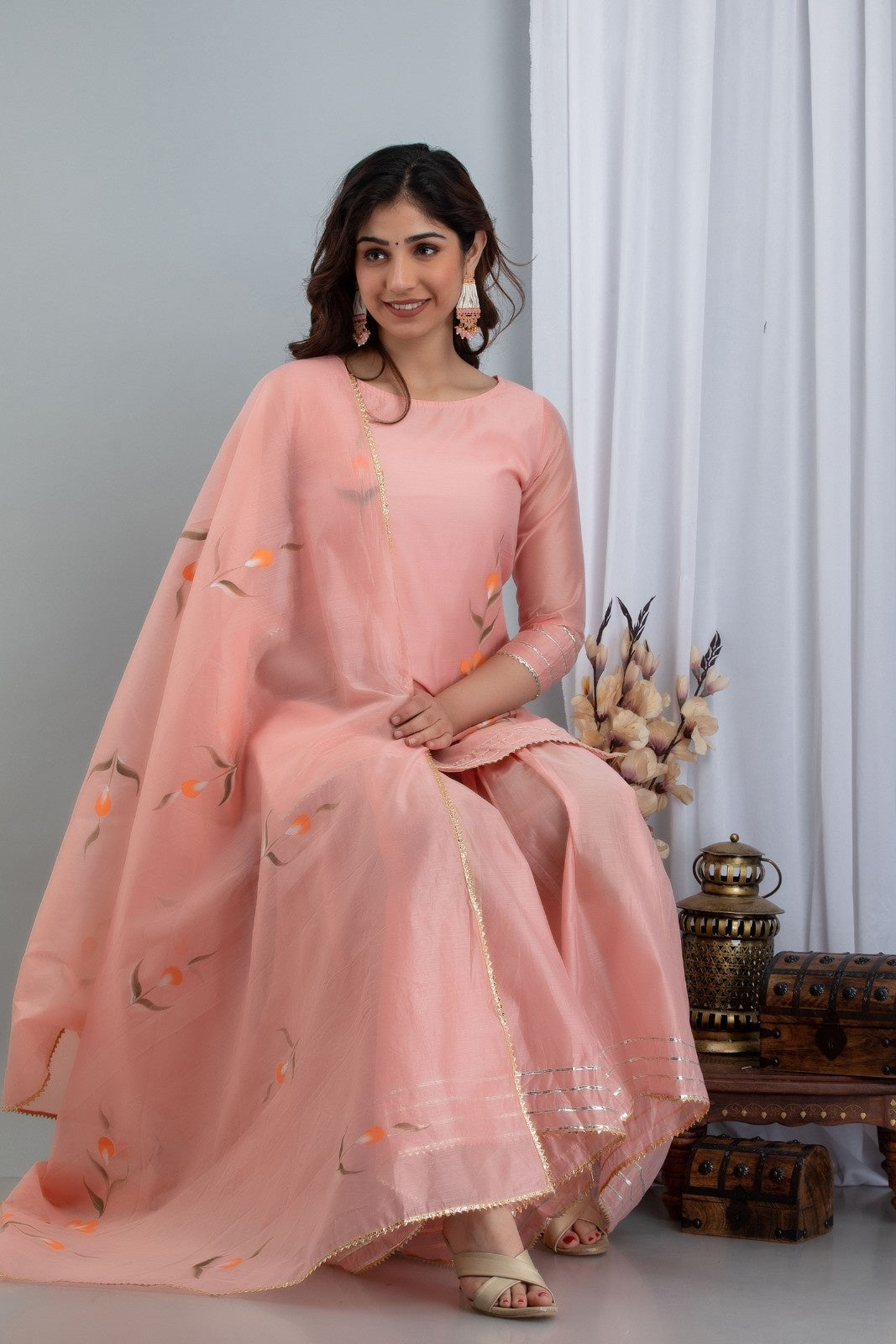 Peach Chanderi Hand Painted Kurta