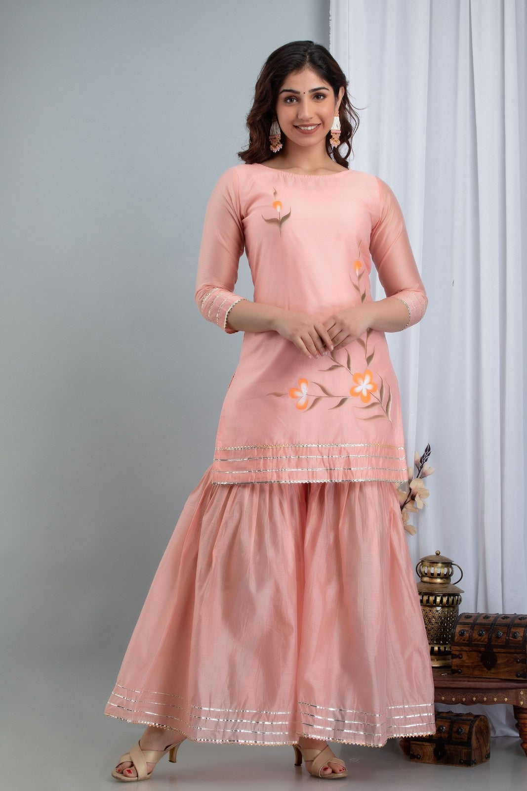 Peach Chanderi Hand Painted Kurta