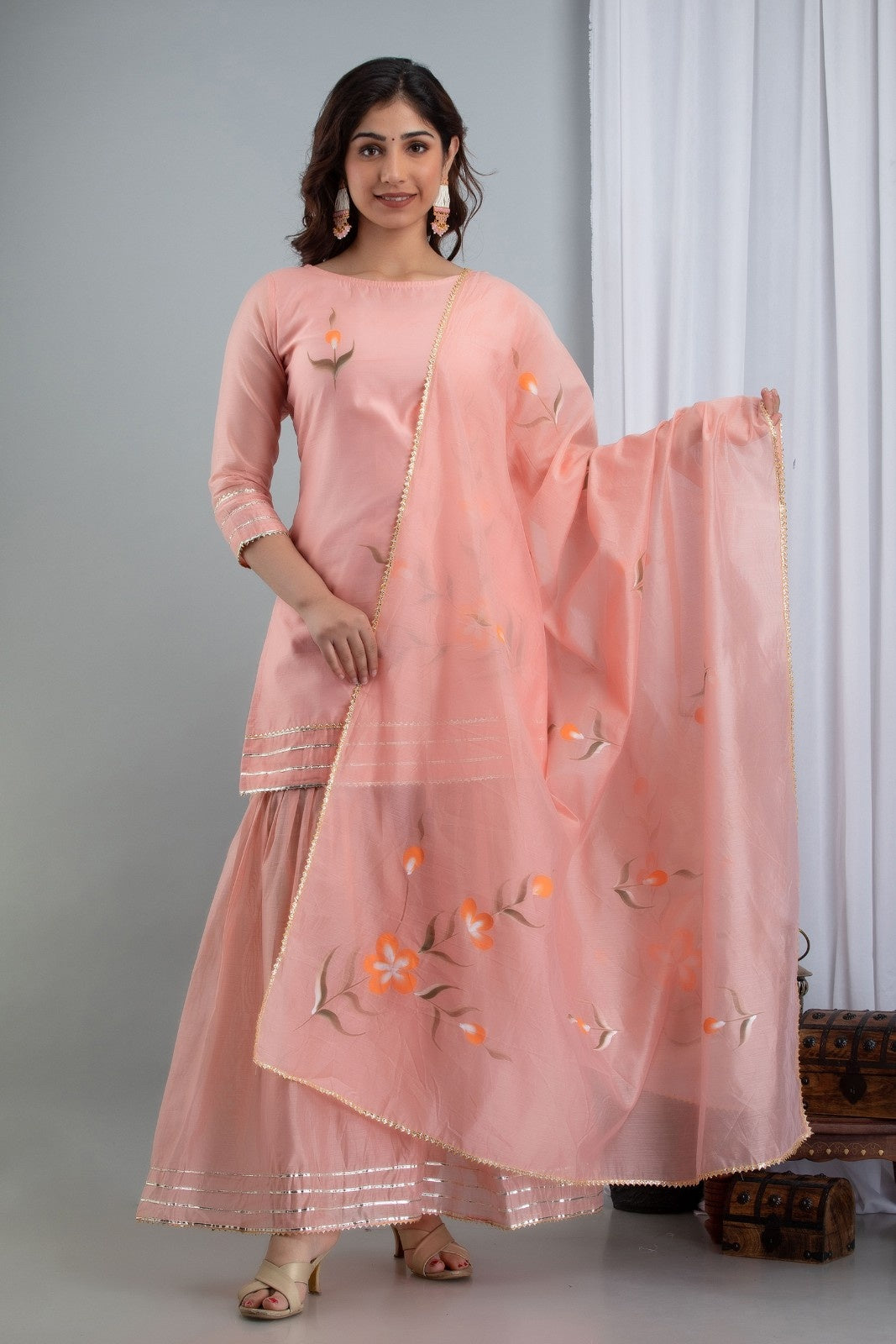 Peach Chanderi Hand Painted Kurta