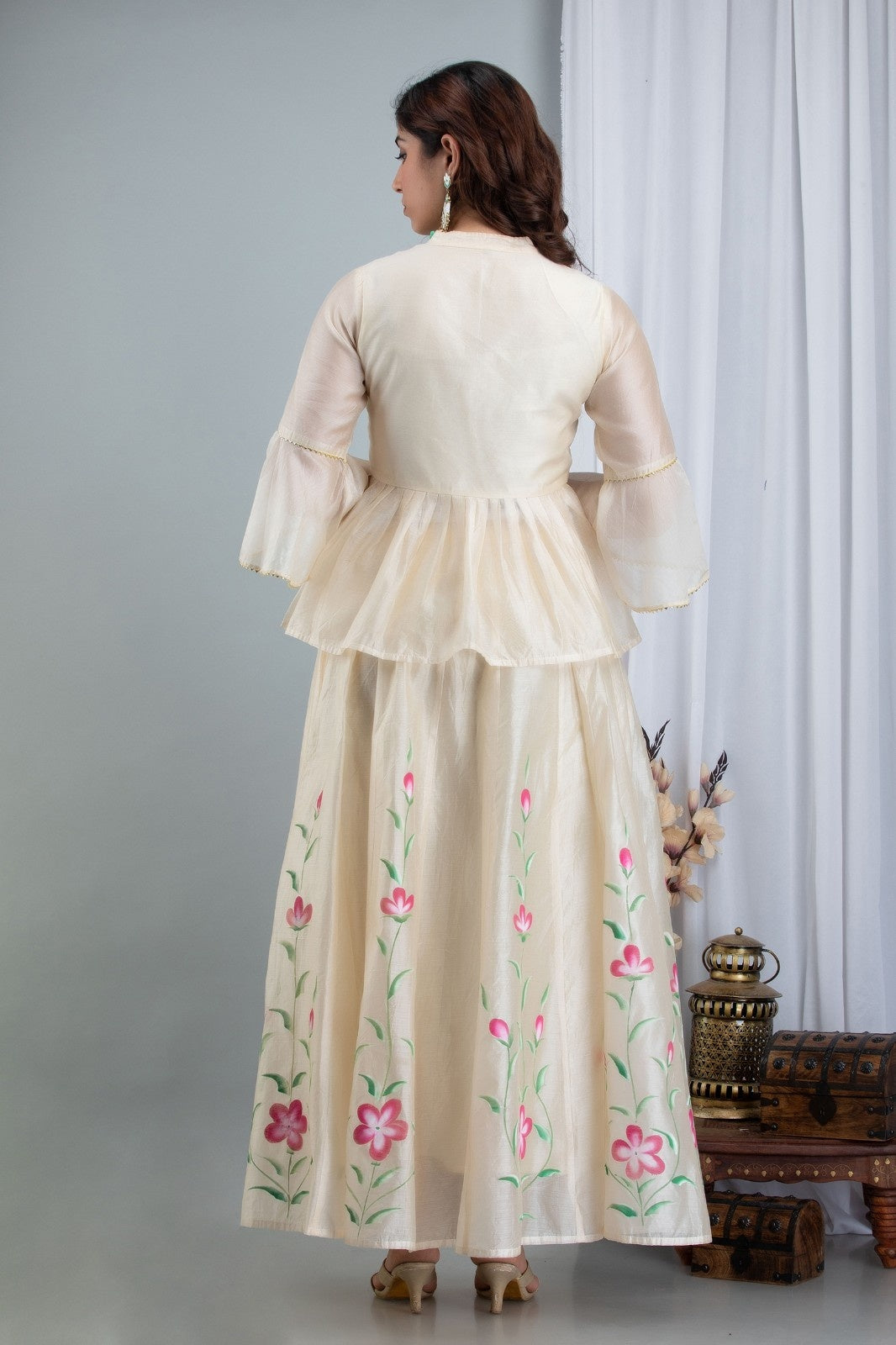 Off White Chanderi Hand Painted Lehenga
