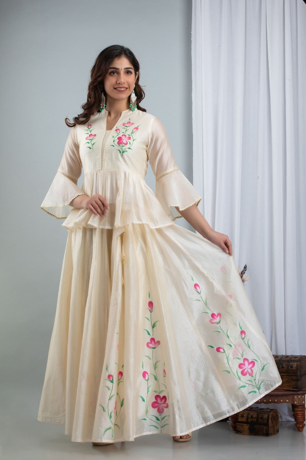 Off White Chanderi Hand Painted Lehenga