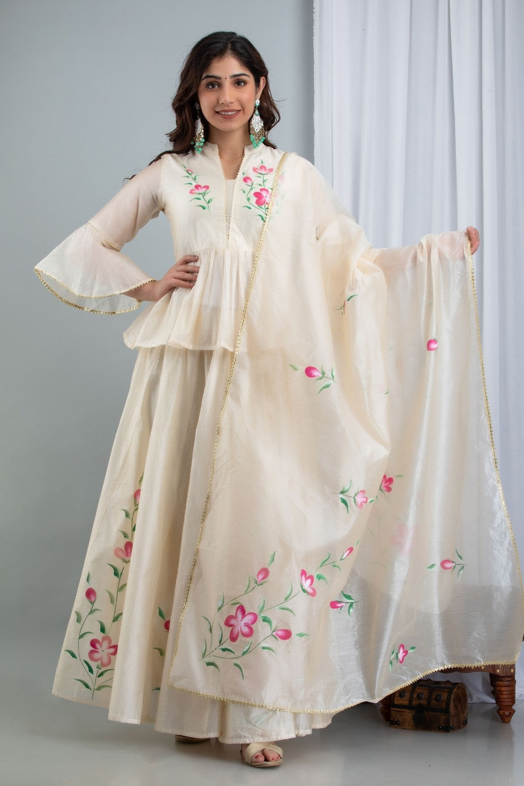 Off White Chanderi Hand Painted Lehenga