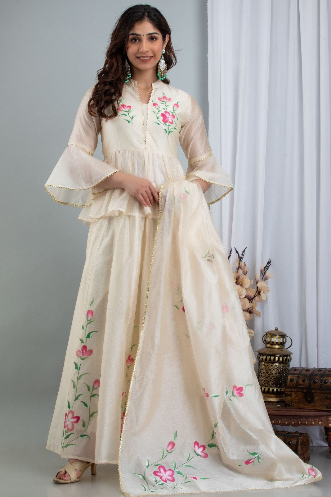 Off White Chanderi Hand Painted Lehenga