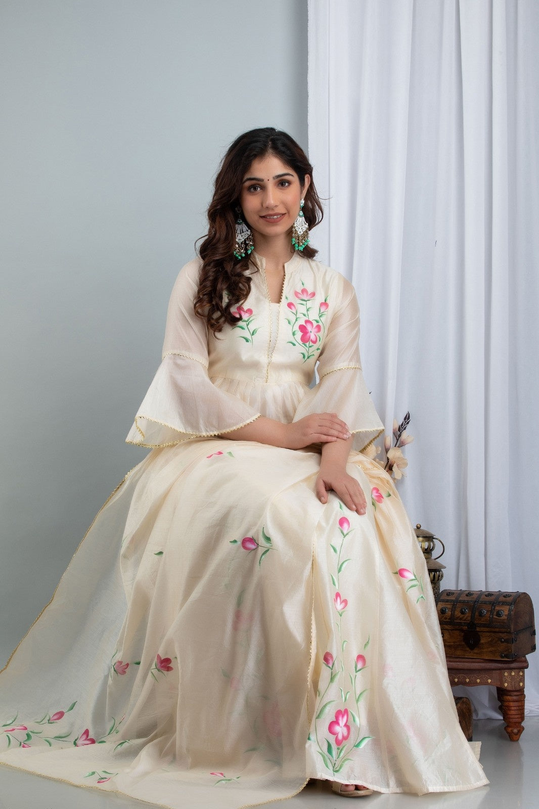 Off White Chanderi Hand Painted Lehenga
