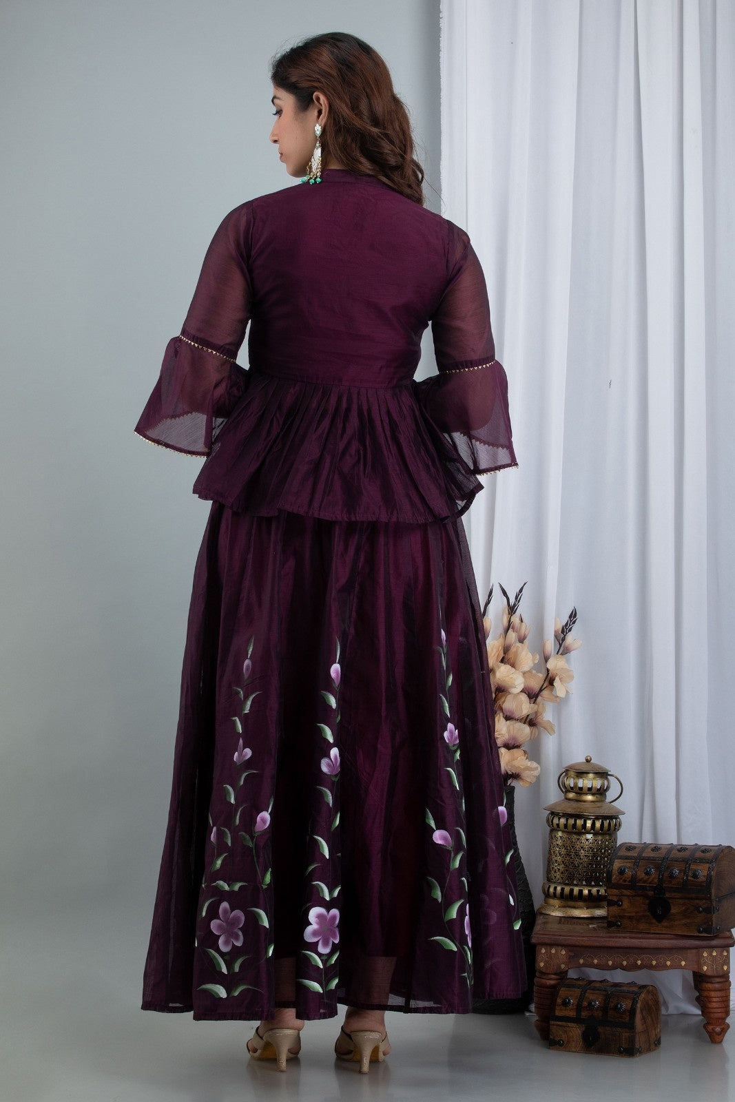 Wine Chanderi Hand Painted Lehenga
