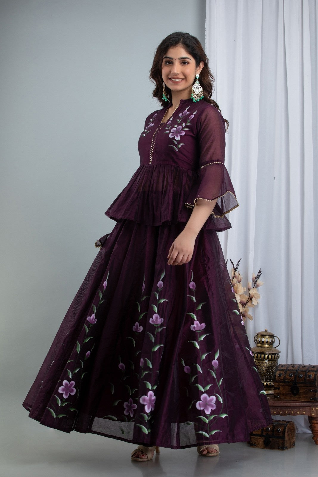 Wine Chanderi Hand Painted Lehenga
