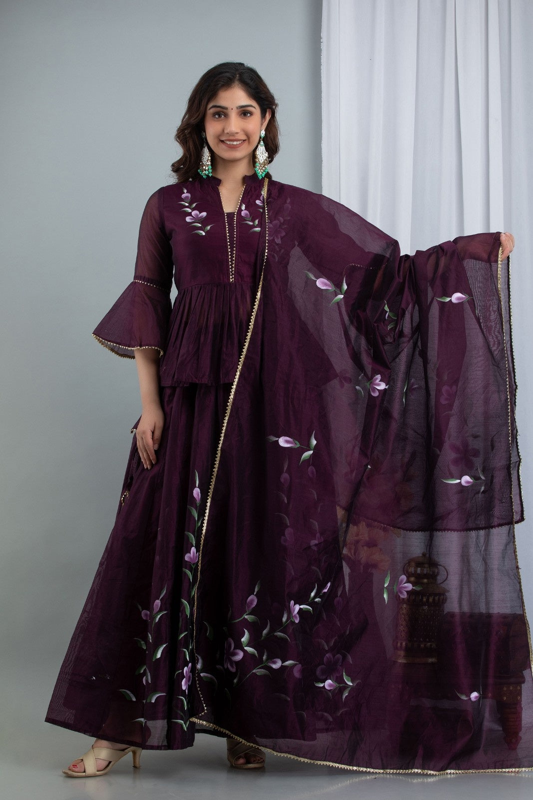 Wine Chanderi Hand Painted Lehenga