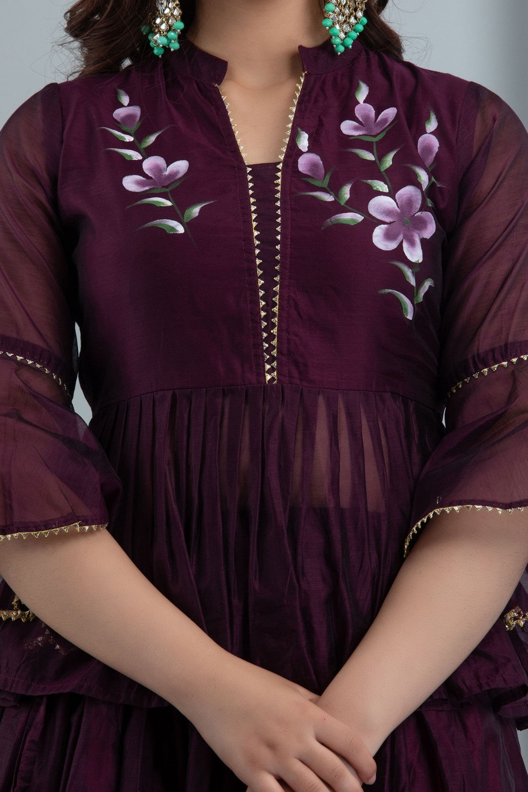 Wine Chanderi Hand Painted Lehenga