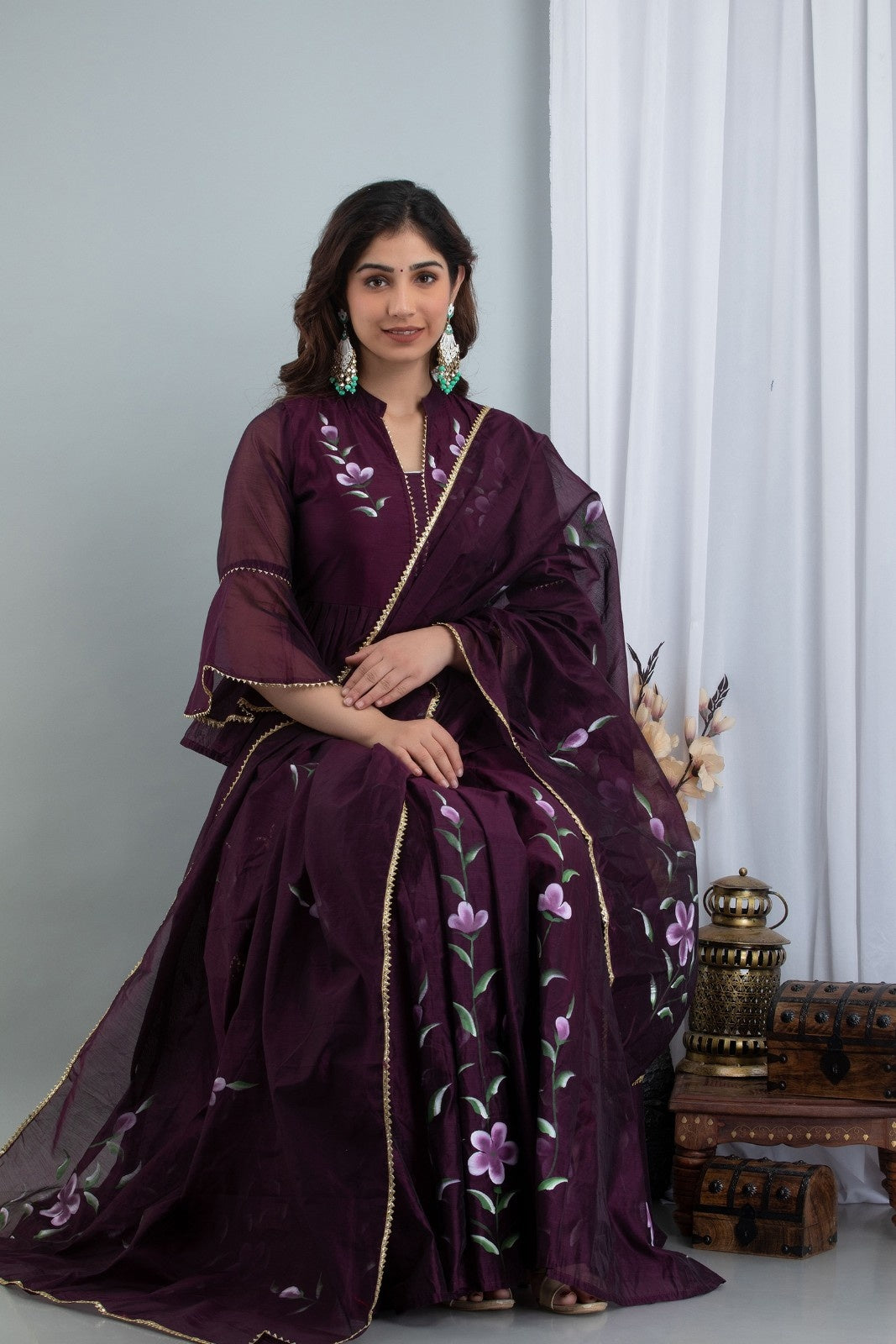 Wine Chanderi Hand Painted Lehenga