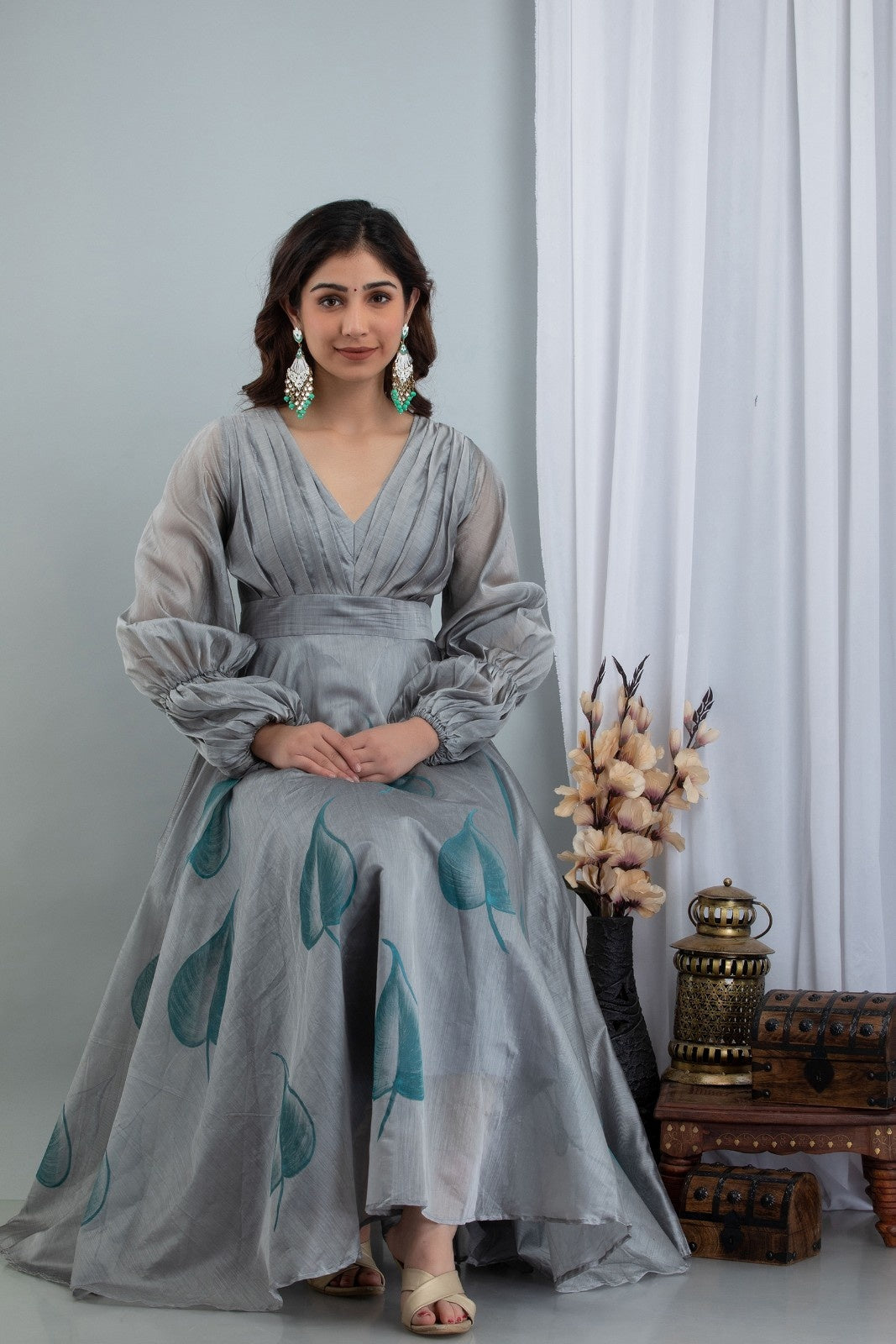 Grey Chanderi Hand Painted Dress